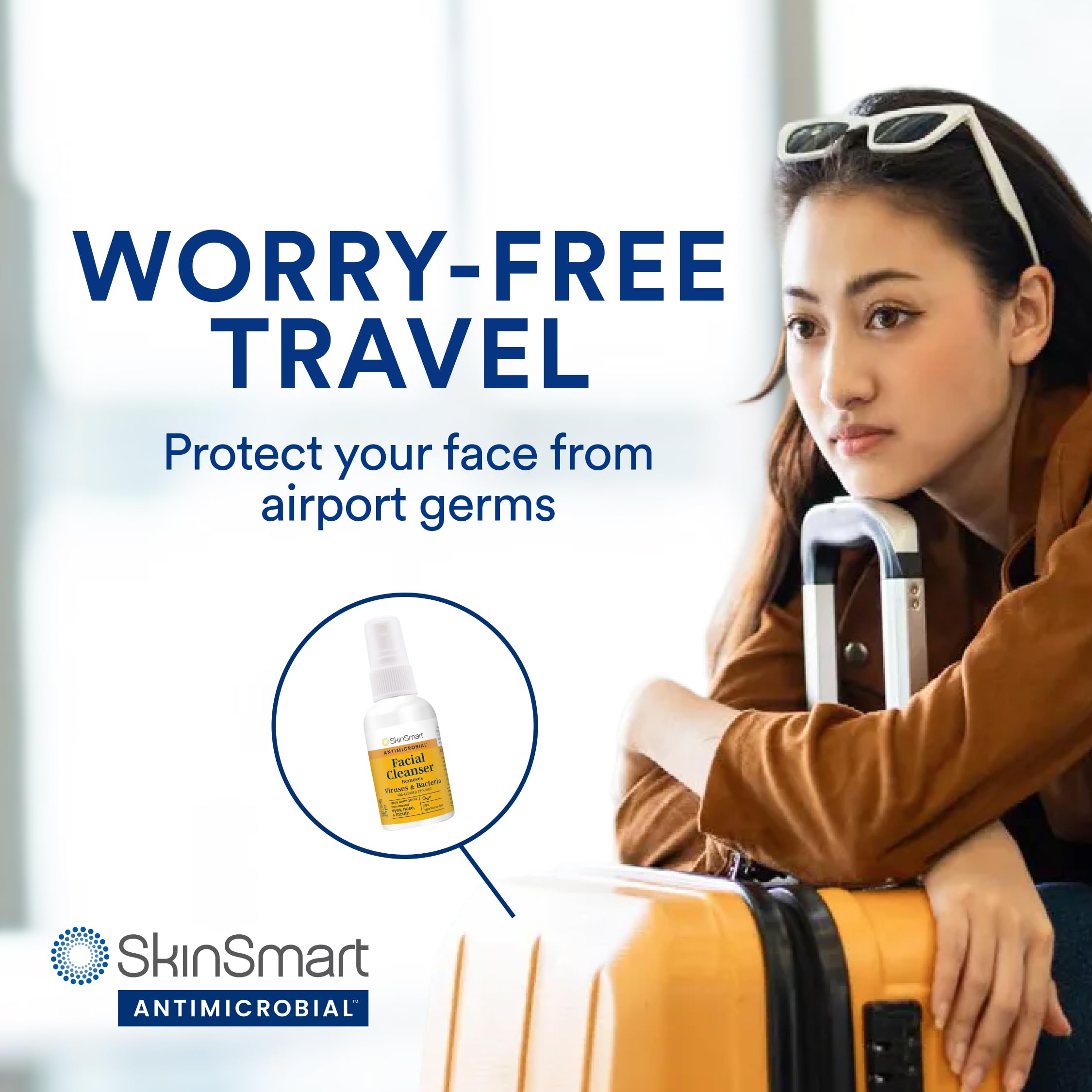 SkinSmart spray application near the face demonstrates quick, portable protection in public spaces