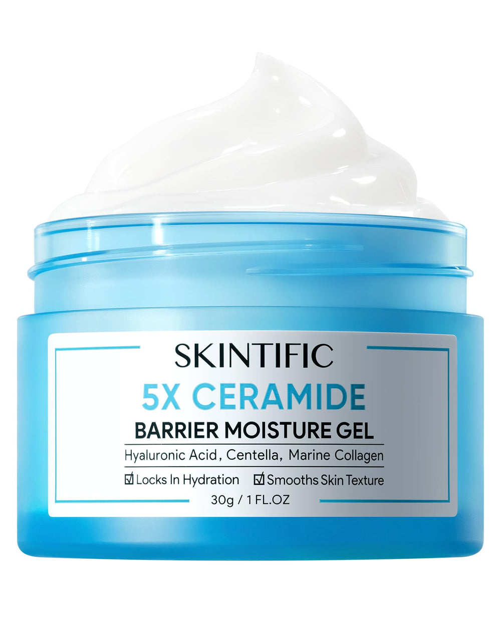 SKINTIFIC 5x ceramides barrier cream jar demonstrates lasting moisture.