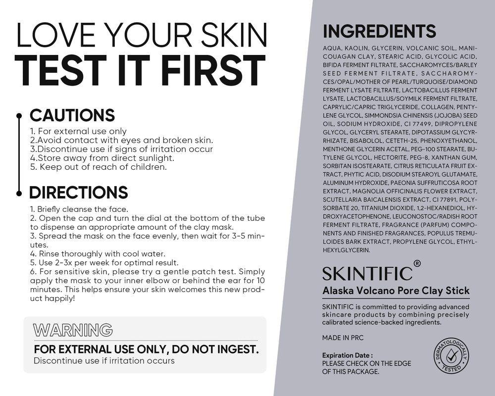 SKINTIFIC Alaska volcanic clay detail highlighting purifying clay properties.