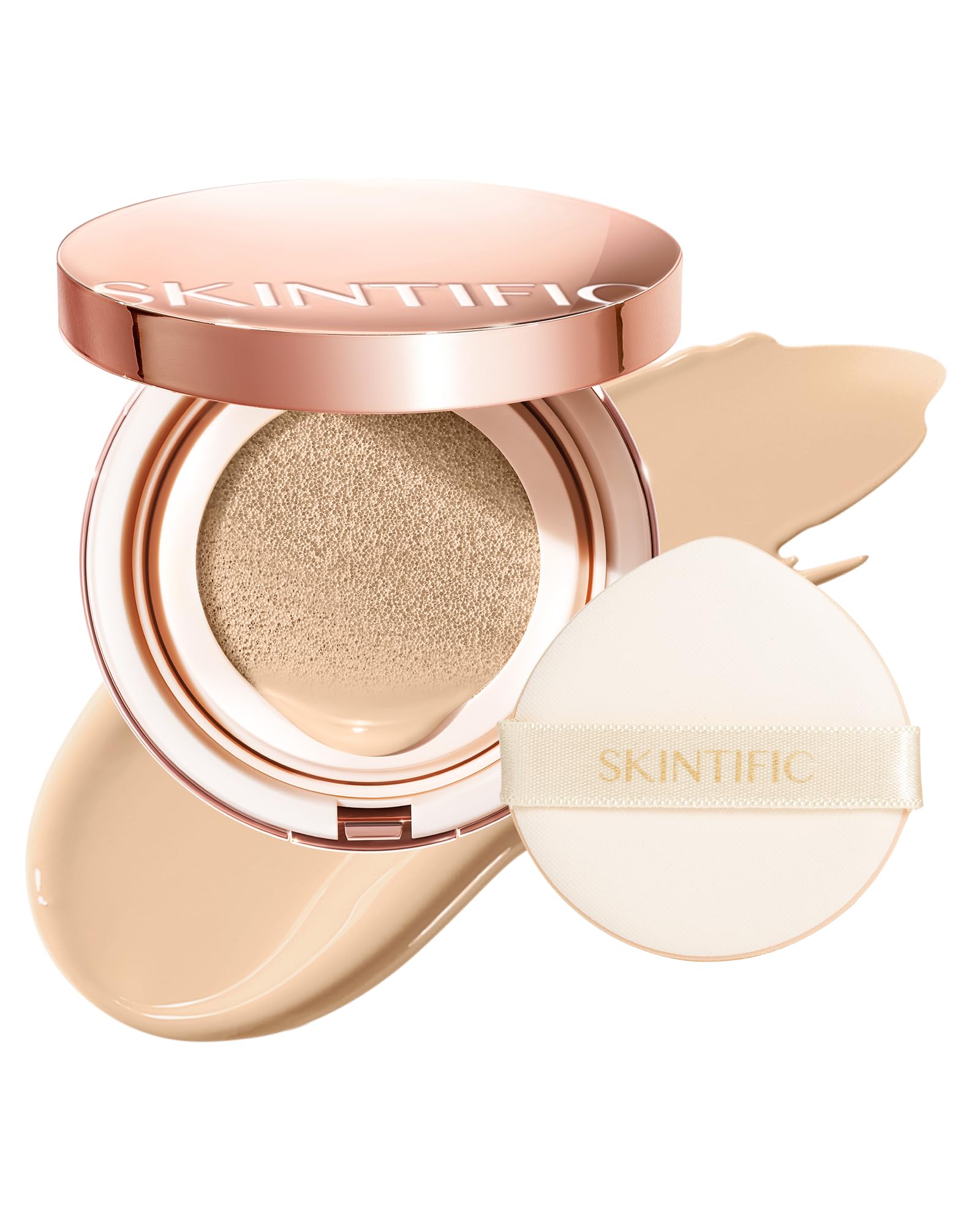 SKINTIFIC full-coverage cushion bottle delivers glass-skin coverage for blemish-free radiance.