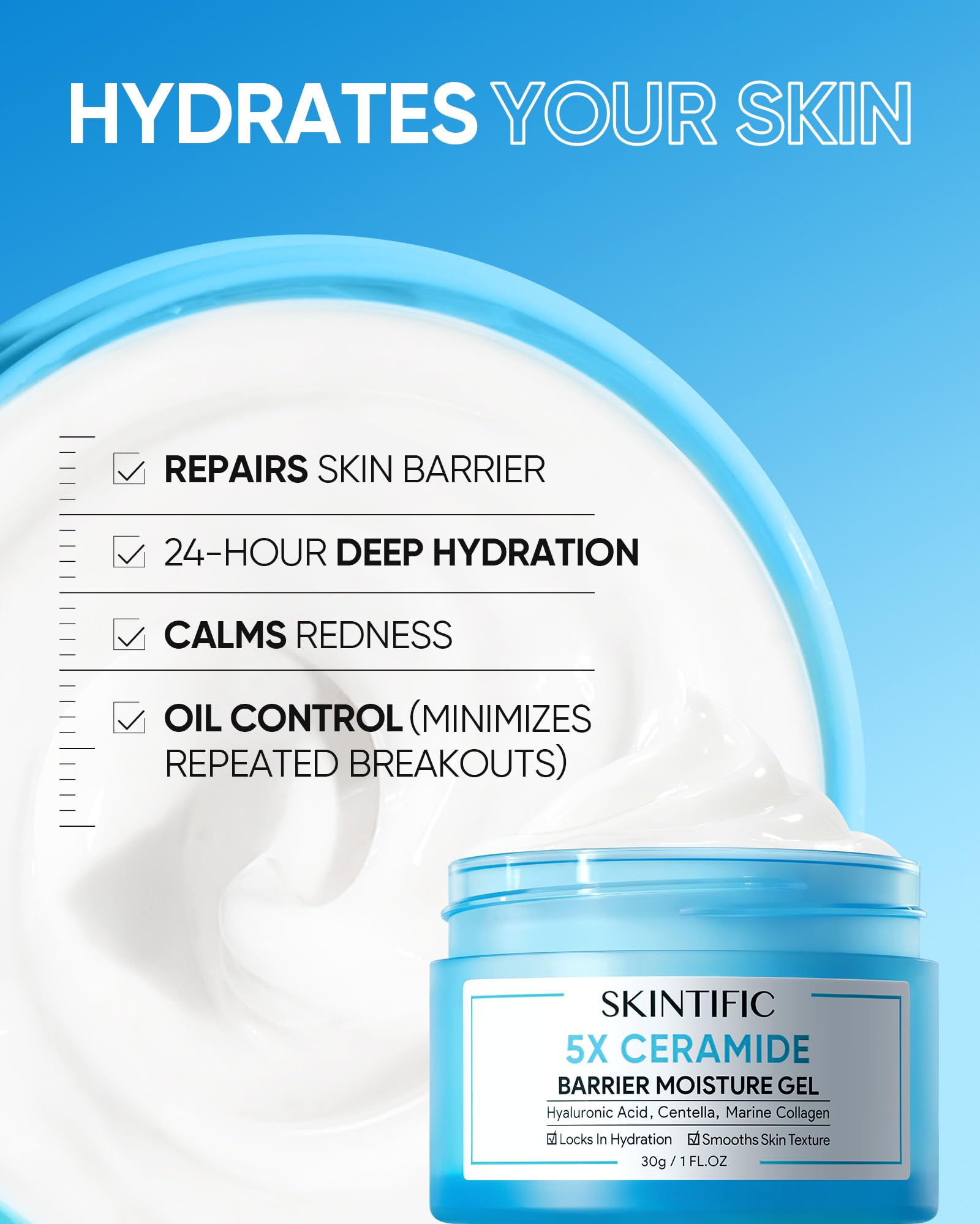 SKINTIFIC hyaluronic-acid silk gel closeup highlights quick absorption.