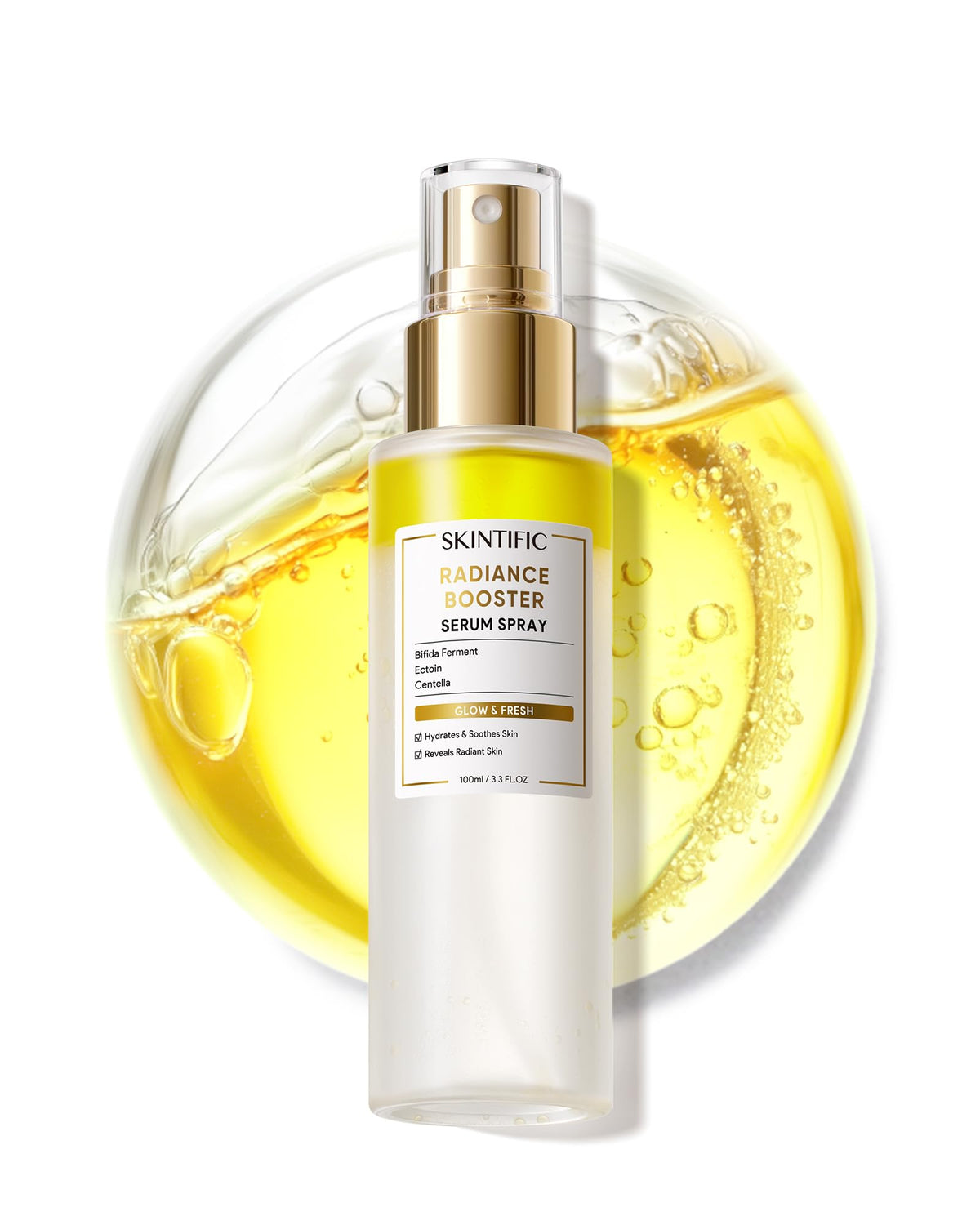 Skintific Radiance Booster Serum Spray front-view bottle delivers instant dewy glow.