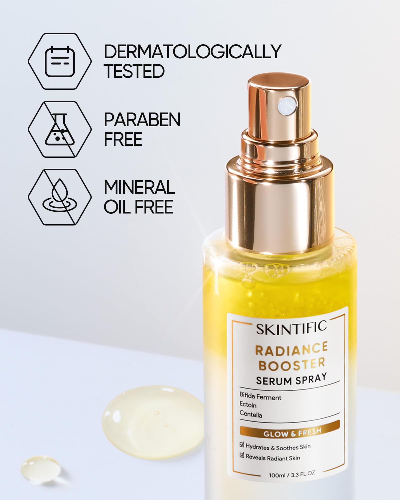 Skintific Radiance Booster Serum Spray vegan skincare badge on label.