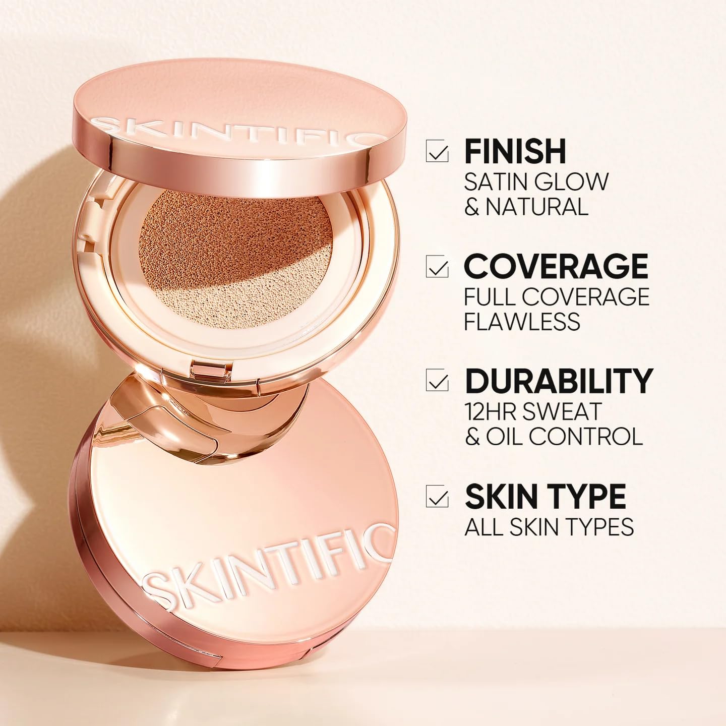 SKINTIFIC satin glow finish cover highlights natural luminosity with weightless wear.
