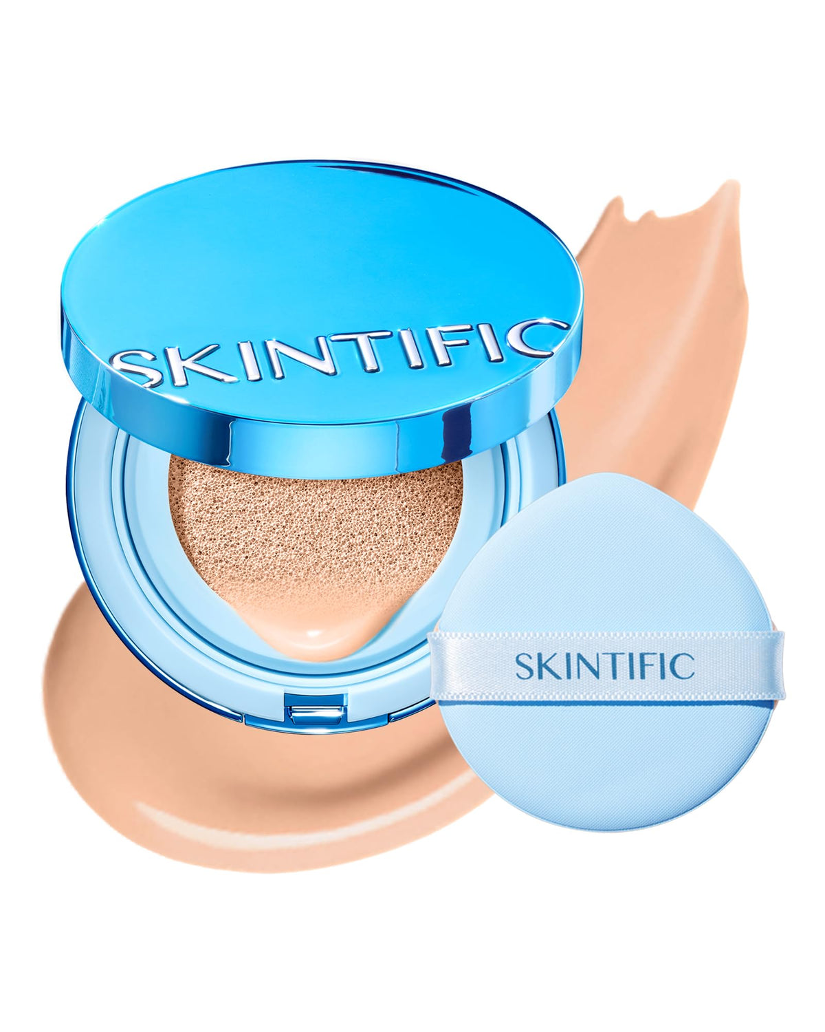 SKINTIFIC Velvet Matte Cushion compact in a blue case for portable flawless coverage