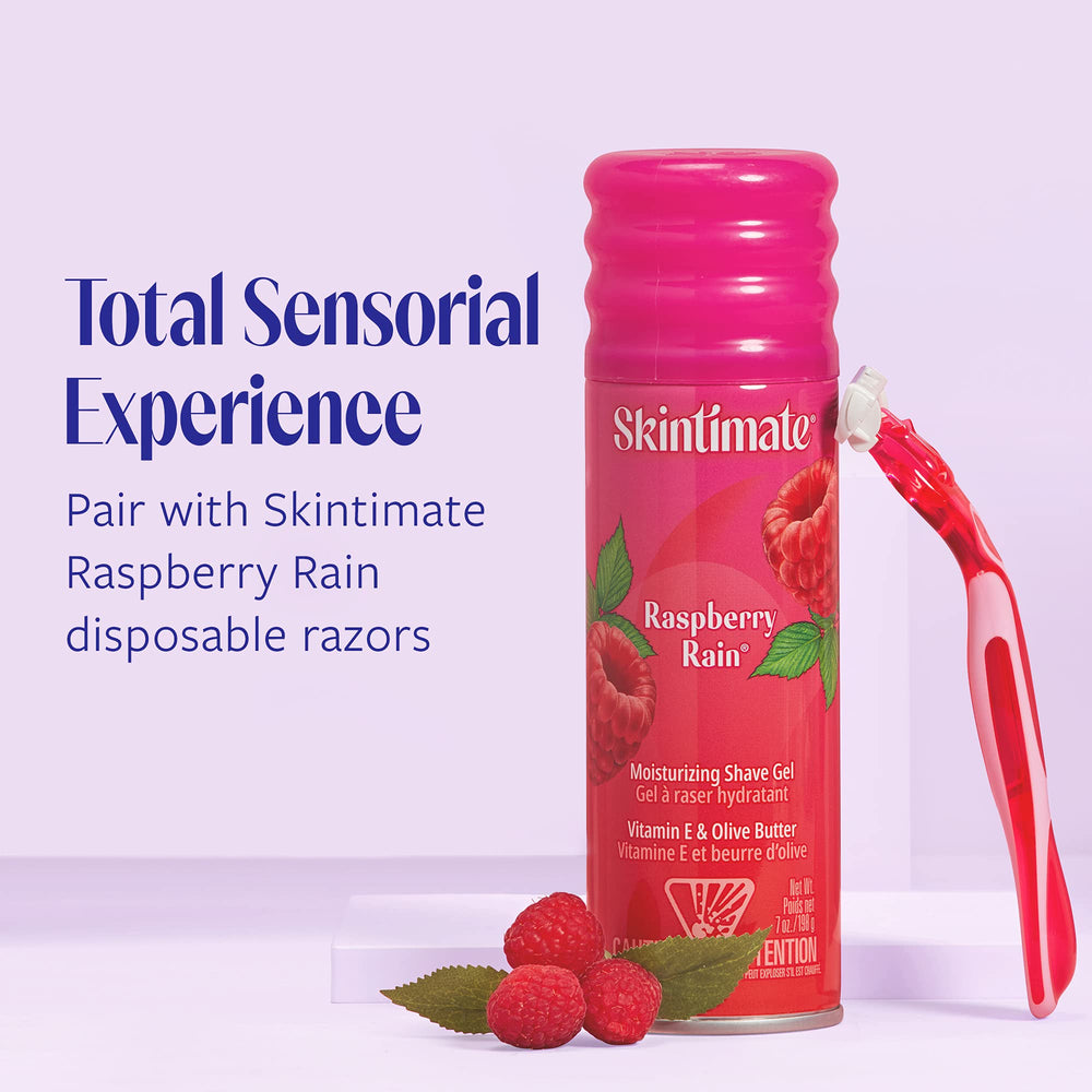 Skintimate Raspberry Rain applying gel on arm for gentle shave.