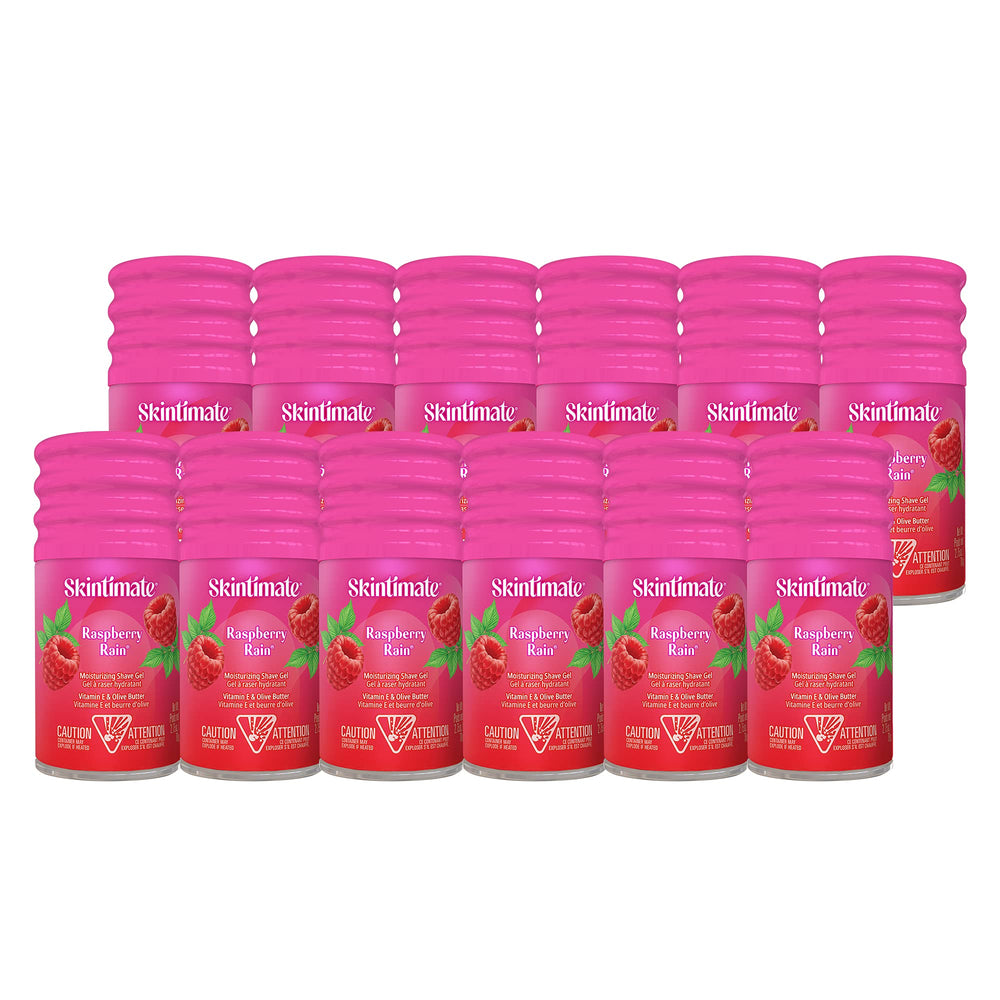 Skintimate Raspberry Rain bottle pour for smooth shave prep.