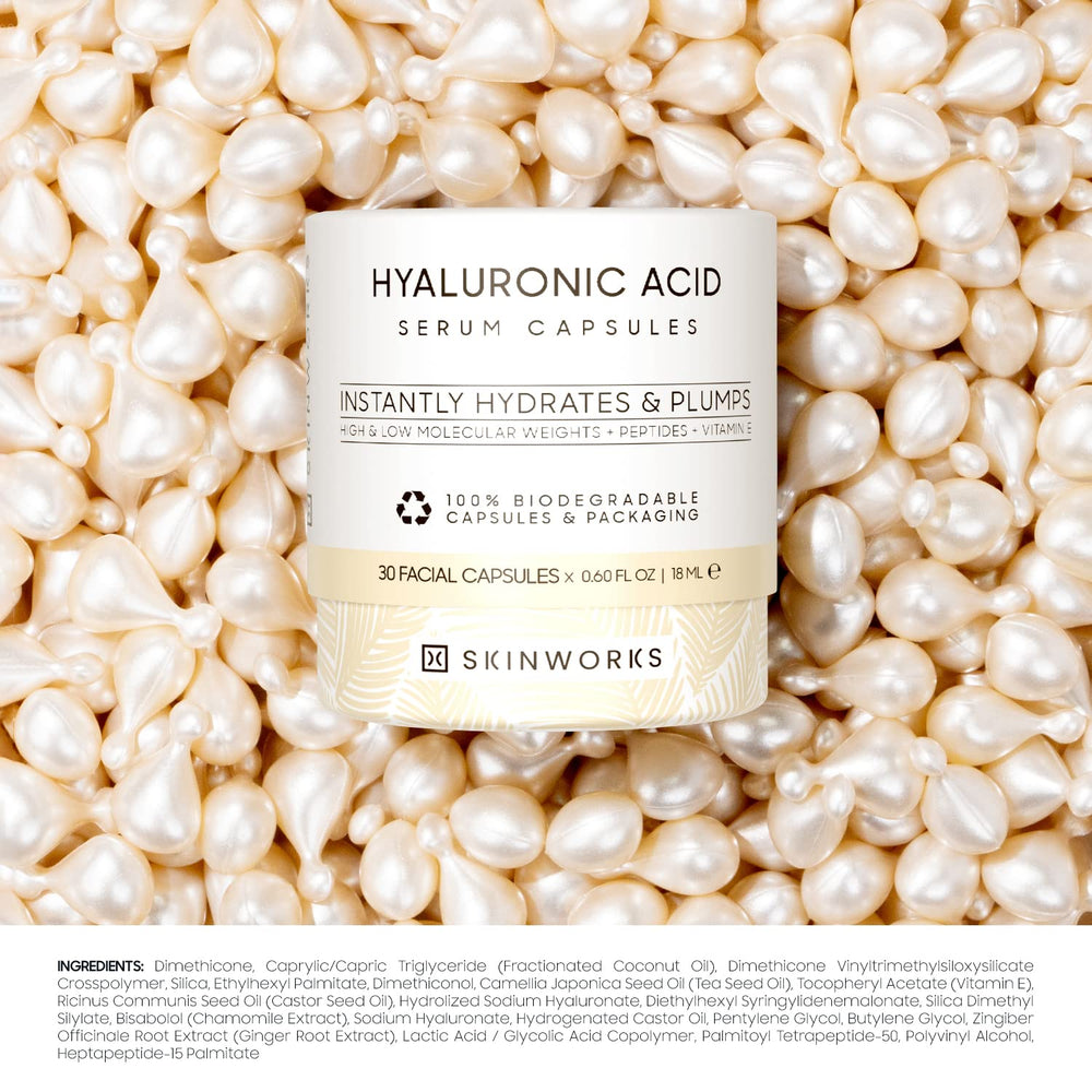 SKINWORKS Hyaluronic Acid Serum application routine illustrates gentle layering.
