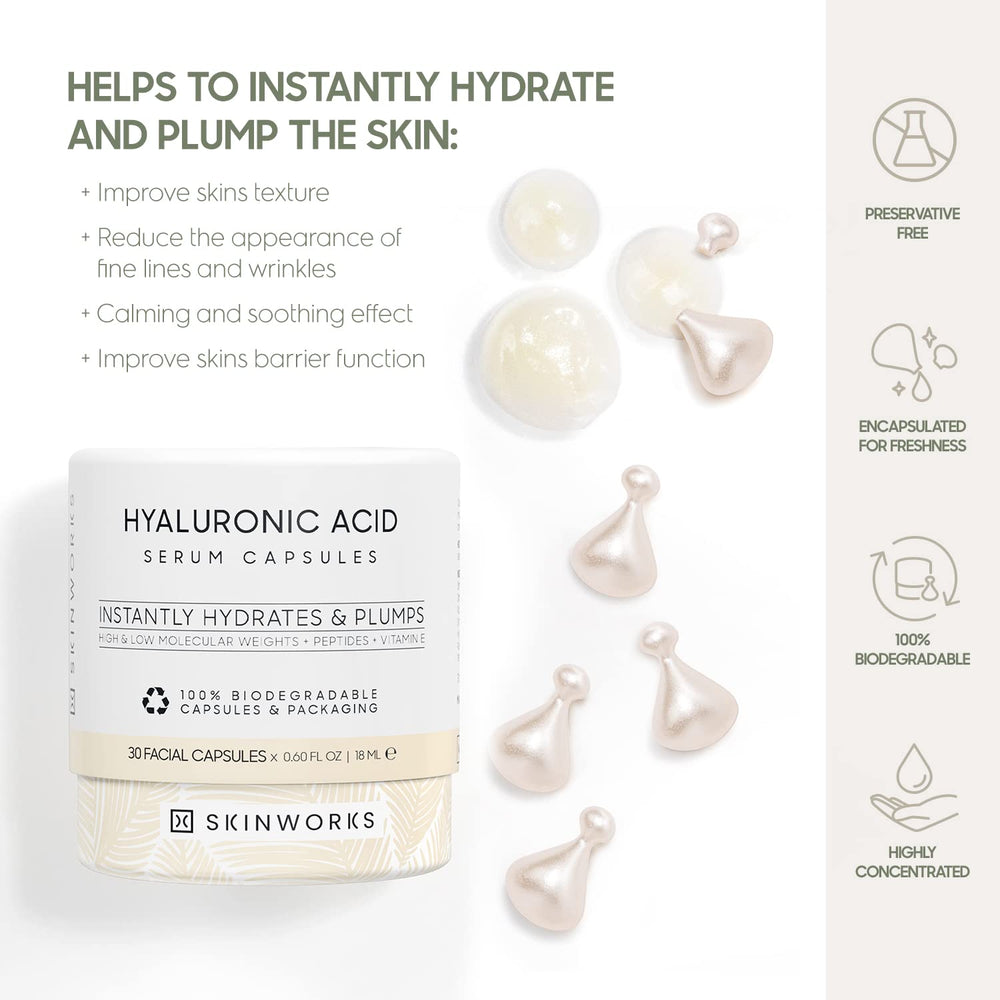 SKINWORKS Hyaluronic Acid Serum capsules close-up for travel-friendly hydration.