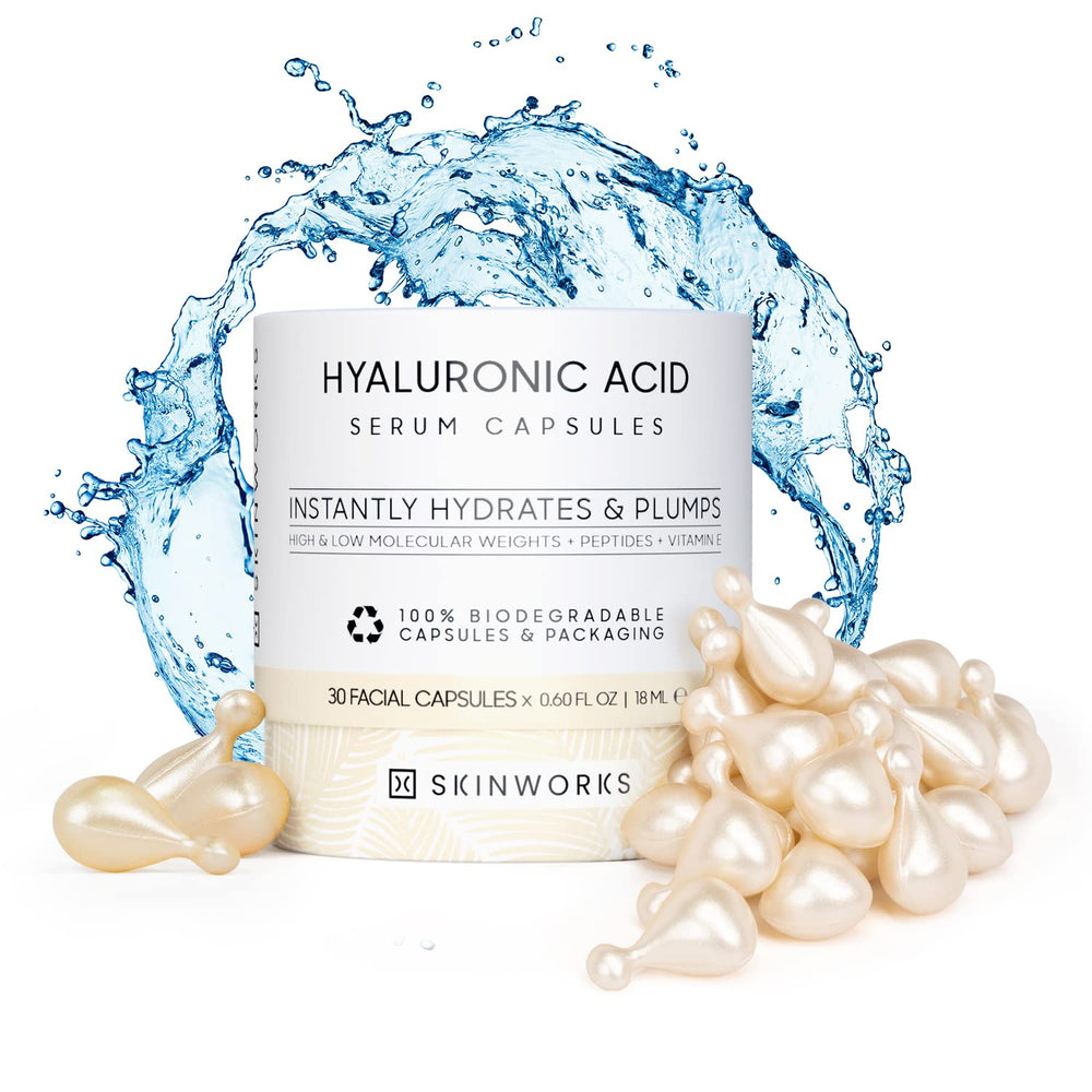 SKINWORKS Hyaluronic Acid Serum bottle close-up highlighting unscented hydration.