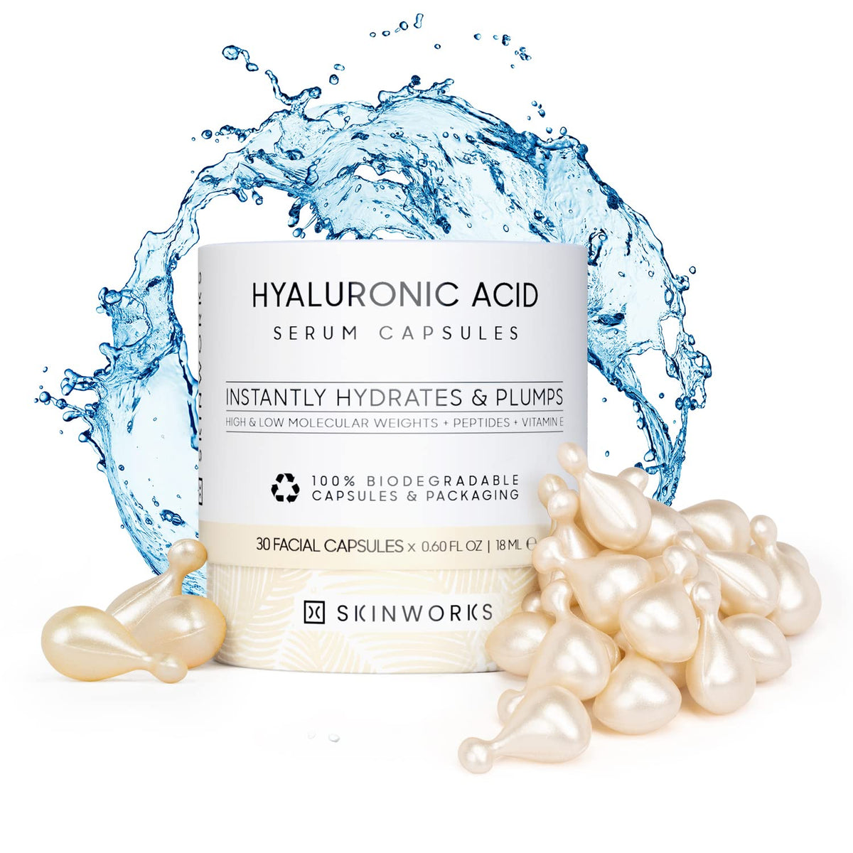 SKINWORKS Hyaluronic Acid Serum bottle close-up highlighting unscented hydration.