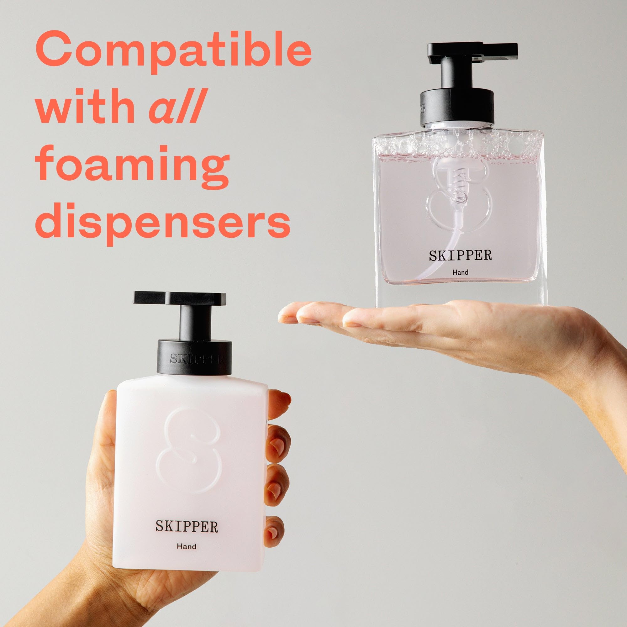 Skipper fill-and-drop workflow with tablet into bottle for simple hand soap