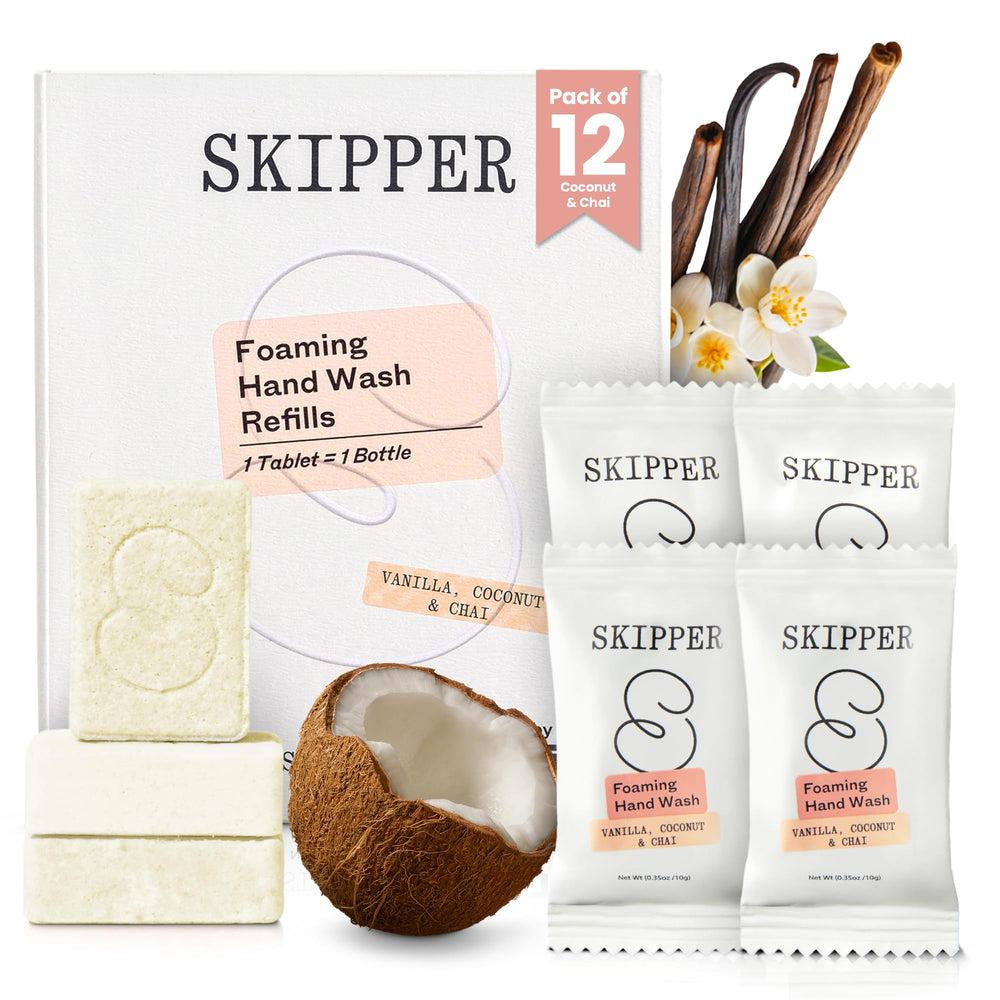 Skipper foaming hand soap tablet refill in vanilla coconut chai—eco-friendly, plastic-free cleaning.