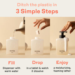 Skipper tablet dropped into water demonstrates quick, easy handwashing.