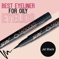 Skone Jet Black felt-tip eyeliner swatch showing rich pigment and quick-dry performance.