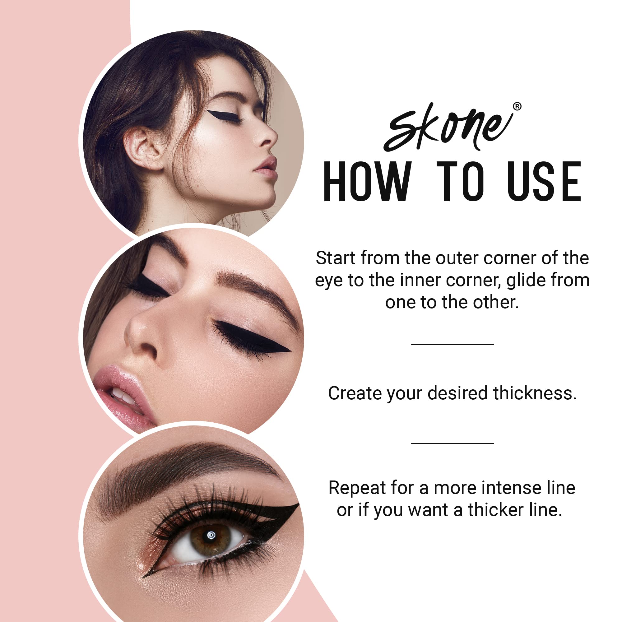 Skone packaging close-up emphasizing portable, travel-friendly eyeliner.