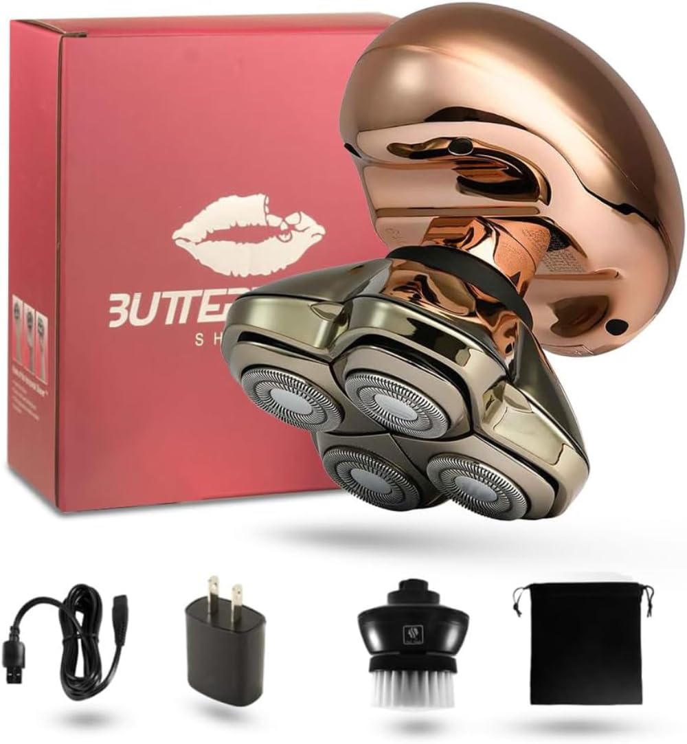 Skull Shaver Butterfly Kiss Pro close-up in rose gold highlighting ergonomic grip for gentle shaving