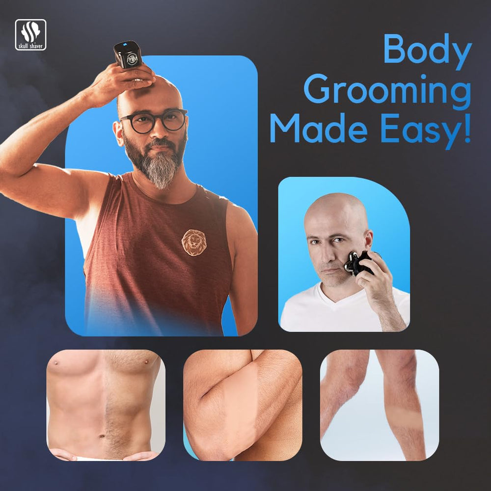 Skull Shaver Palm MX5 vacuum system captures hair for mess-free shaving.