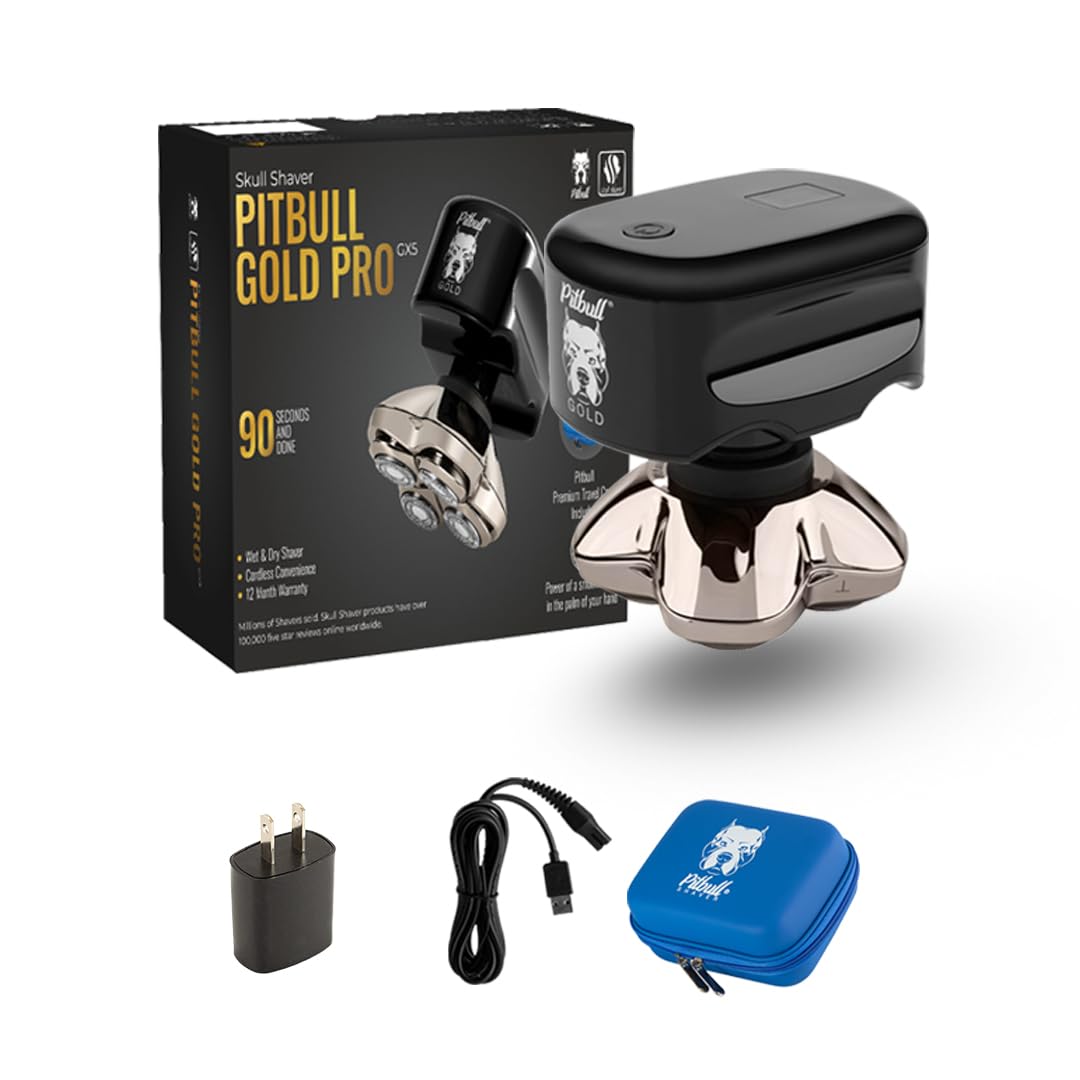 Skull Shaver Pitbull Gold Pro GX5 front view highlights ergonomic grip for precise shaving.