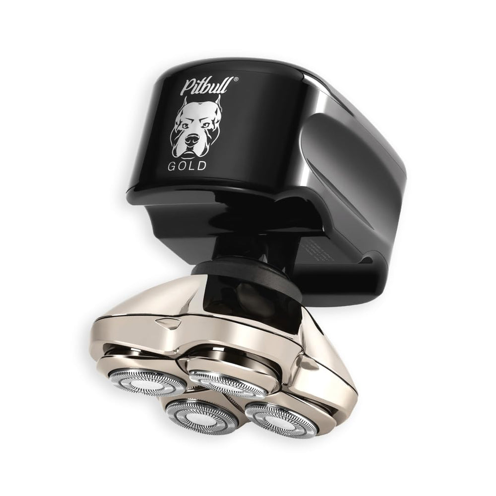 Skull Shaver Pitbull Gold PRO head shaver angled for precision and comfort.