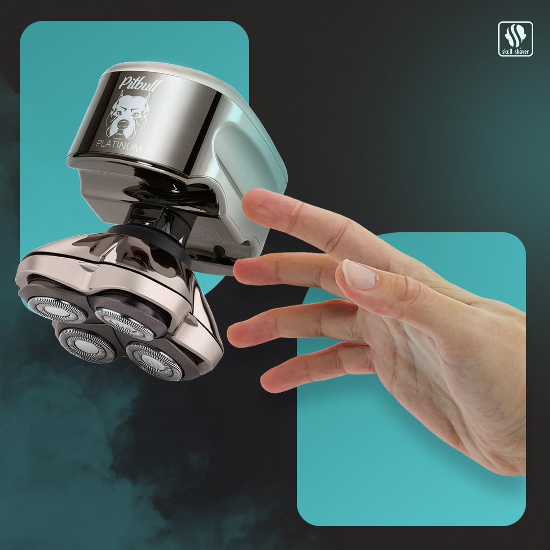 Skull Shaver Pitbull Platinum PRO blade closeup highlights Japanese stainless steel for precise shave.