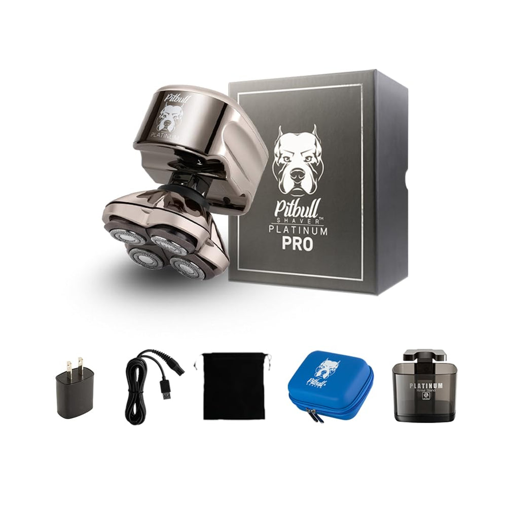 Skull Shaver Pitbull Platinum PRO head shaver shows ergonomic design for easy reach.