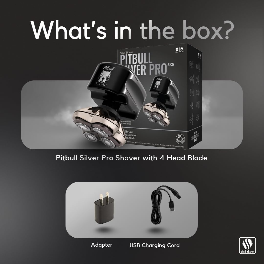 Skull Shaver Pitbull Silver PRO SX5 large shaving chamber reduces mess during trimming.