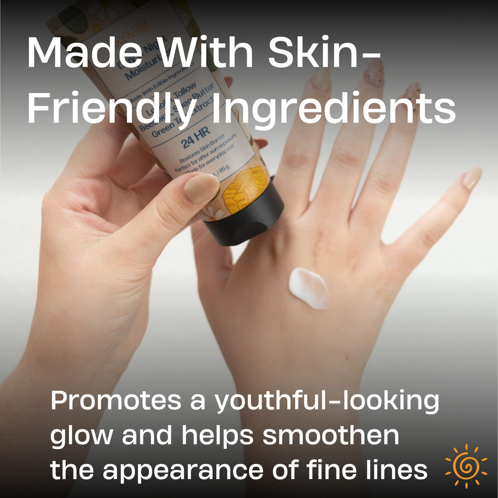 Sky and Sol Everything Cream packaging featured in a day-night skincare setup.