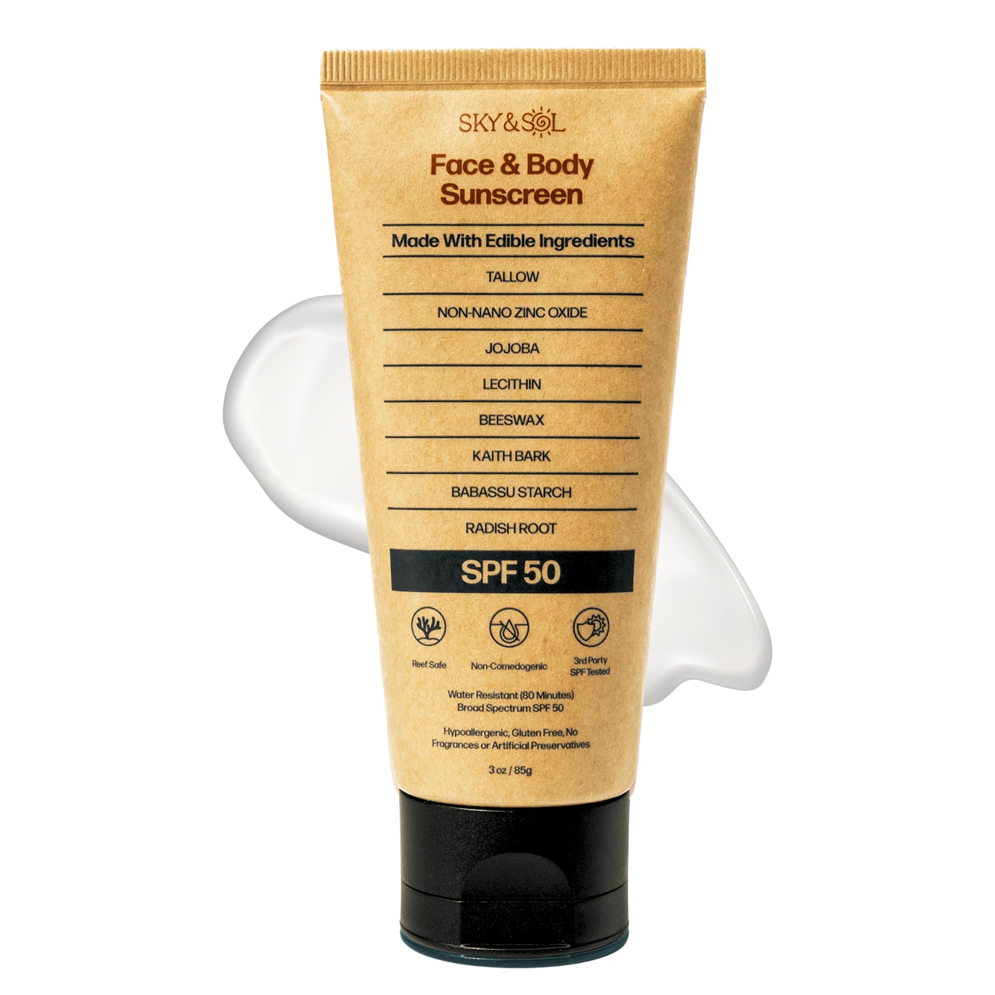 Sky and Sol Mineral Sunscreen bottle front with SPF 50 and clean design.