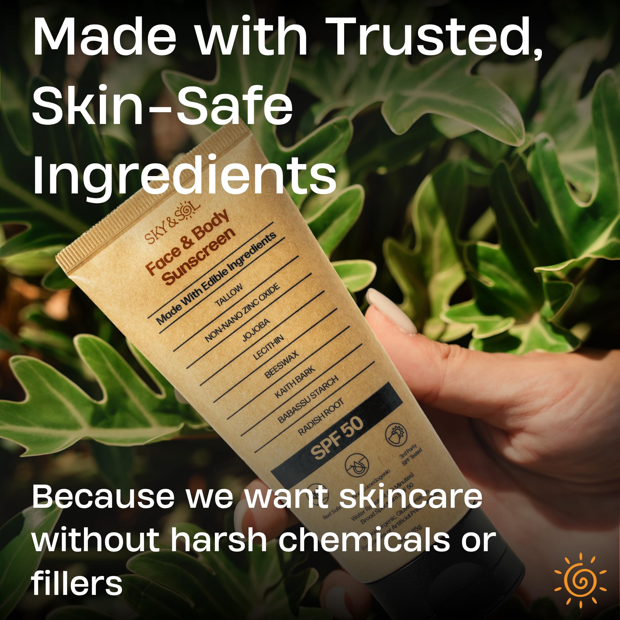 Sky and Sol sunscreen label focusing on non-nano zinc oxide claim.