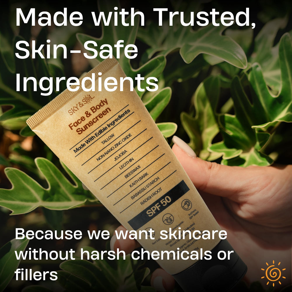 Sky and Sol sunscreen label focusing on non-nano zinc oxide claim.