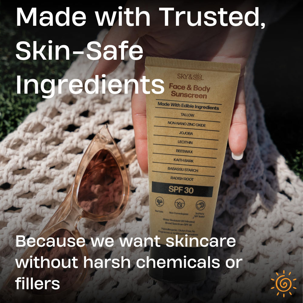 Sky and Sol tallow sunscreen closeup highlights nourishing, skin-friendly ingredients.