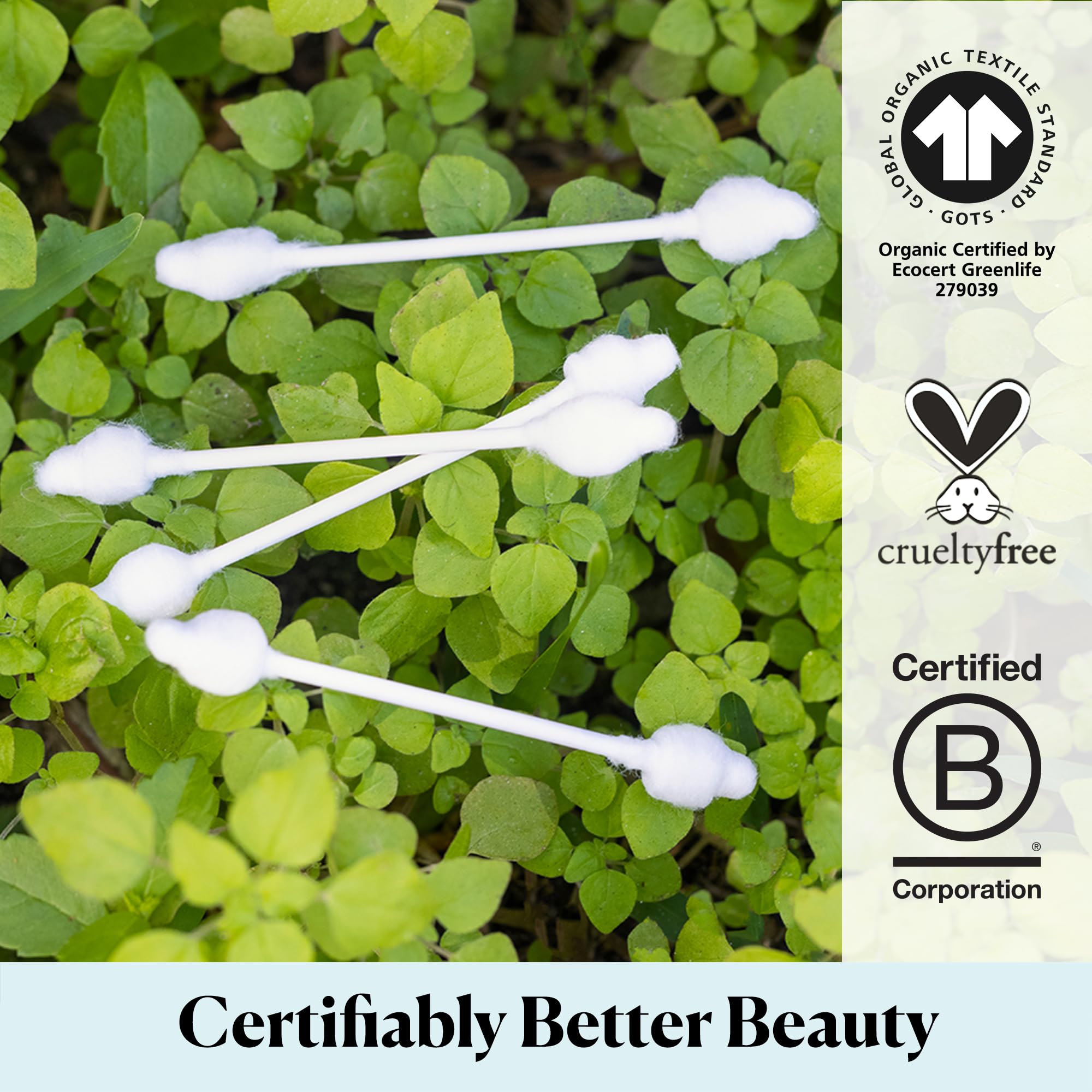 Sky Organics baby cotton swabs organic cotton detail emphasizes chlorine-free, hypoallergenic material.
