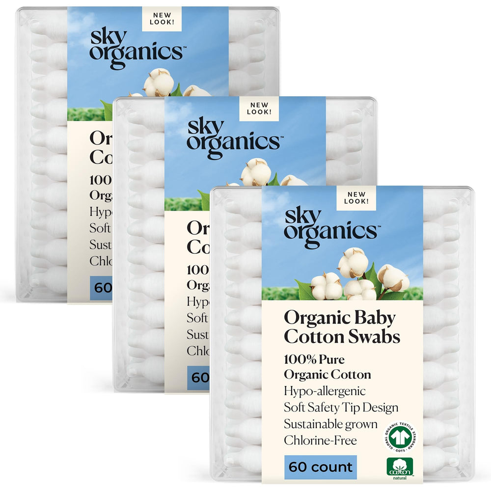 Sky Organics baby cotton swabs packaging shows the 180-count box for convenient routine use.