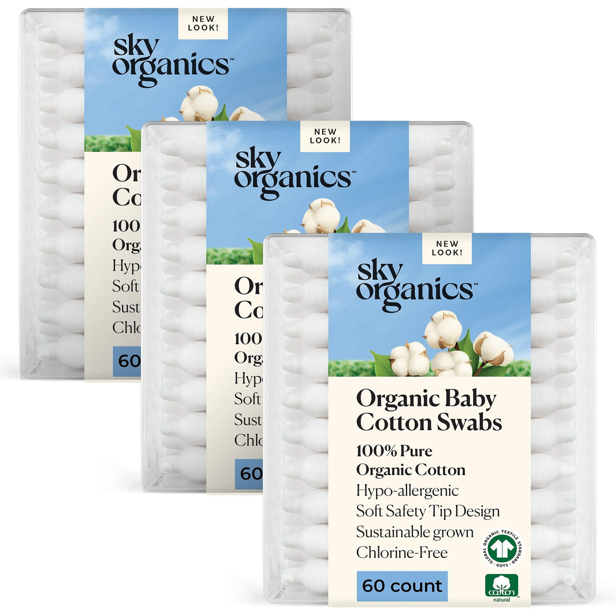 Sky Organics baby cotton swabs packaging shows the 180-count box for convenient routine use.