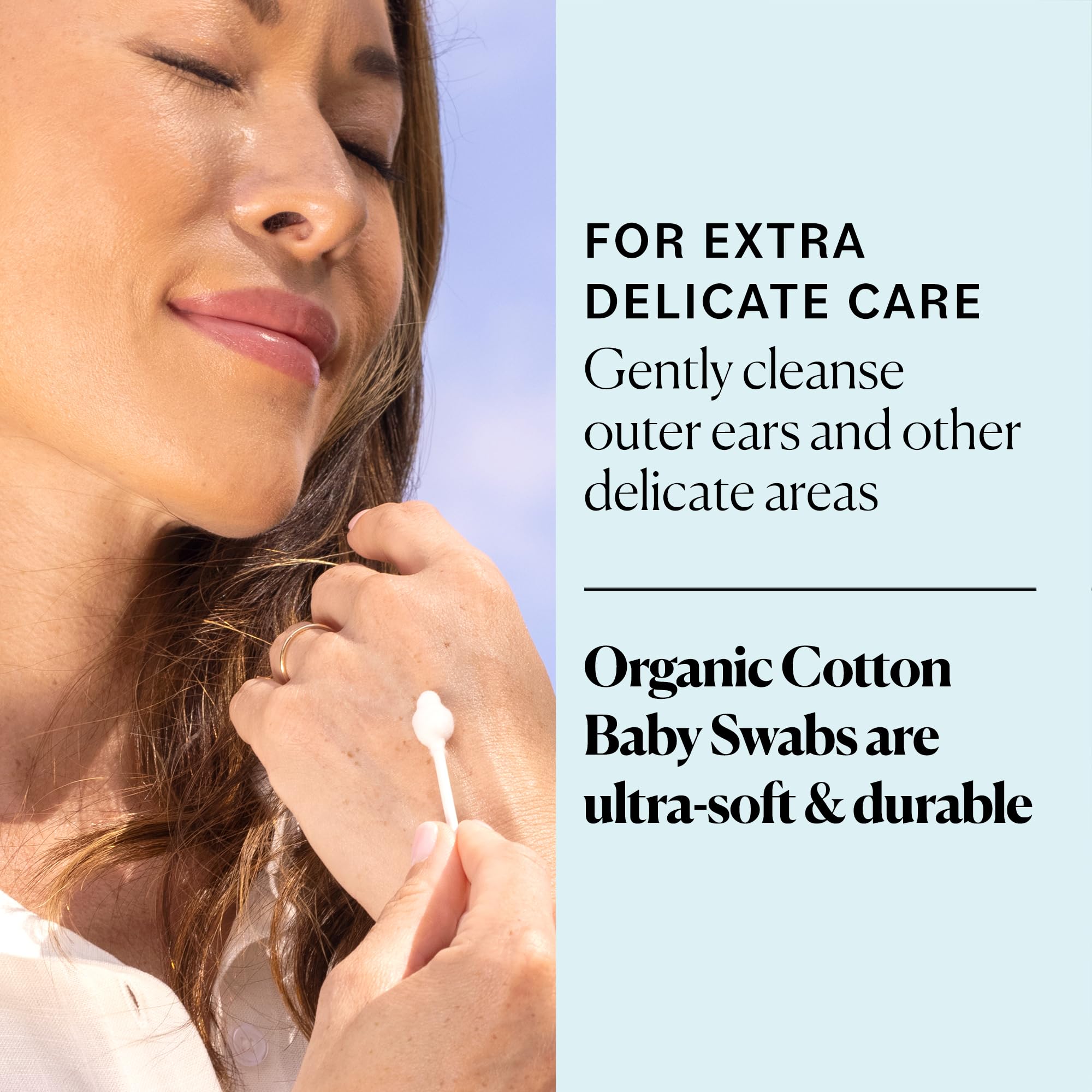 Sky Organics baby cotton swabs soft-tip close-up highlights ultra-soft safety tips for gentle care.