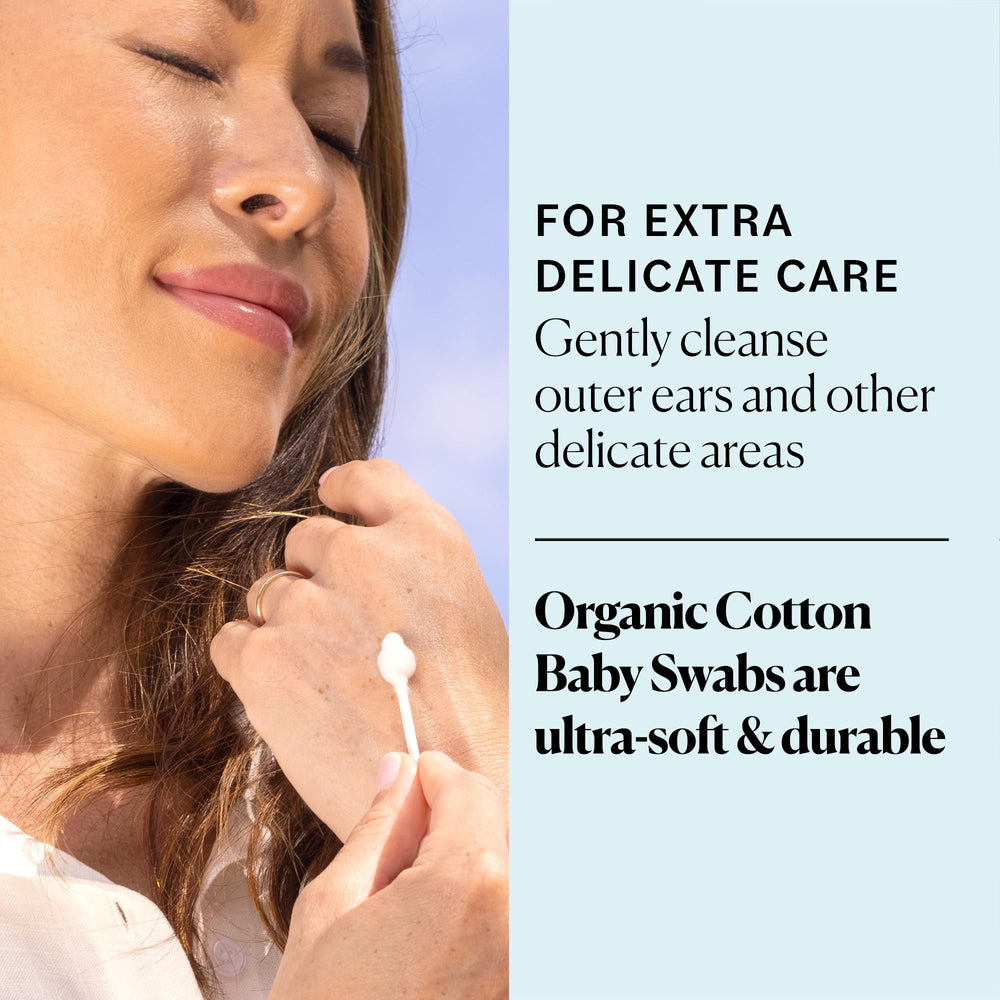 Sky Organics baby cotton swabs soft-tip close-up highlights ultra-soft safety tips for gentle care.