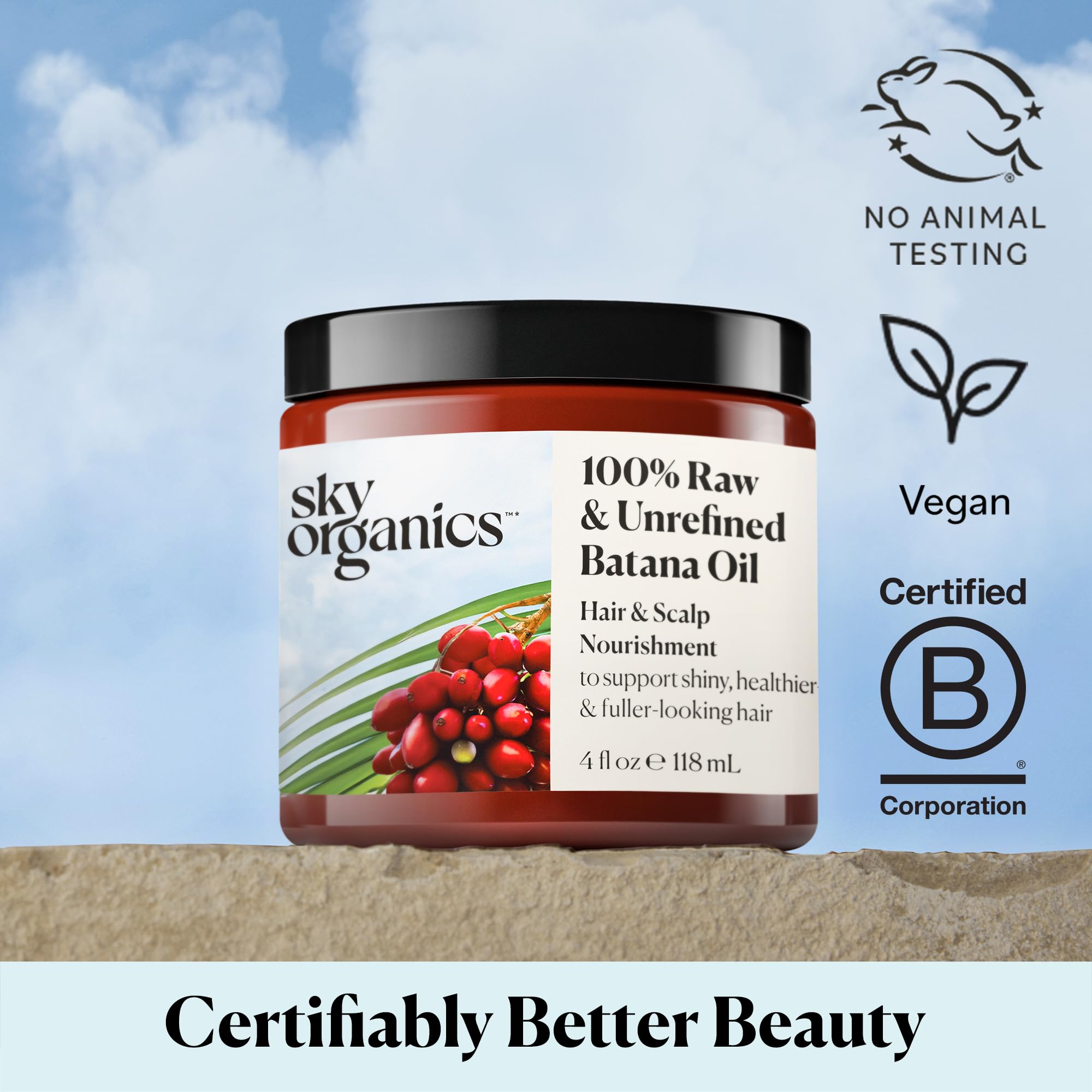 Sky Organics Batana Oil packaging box highlights vegan and cruelty-free credentials.