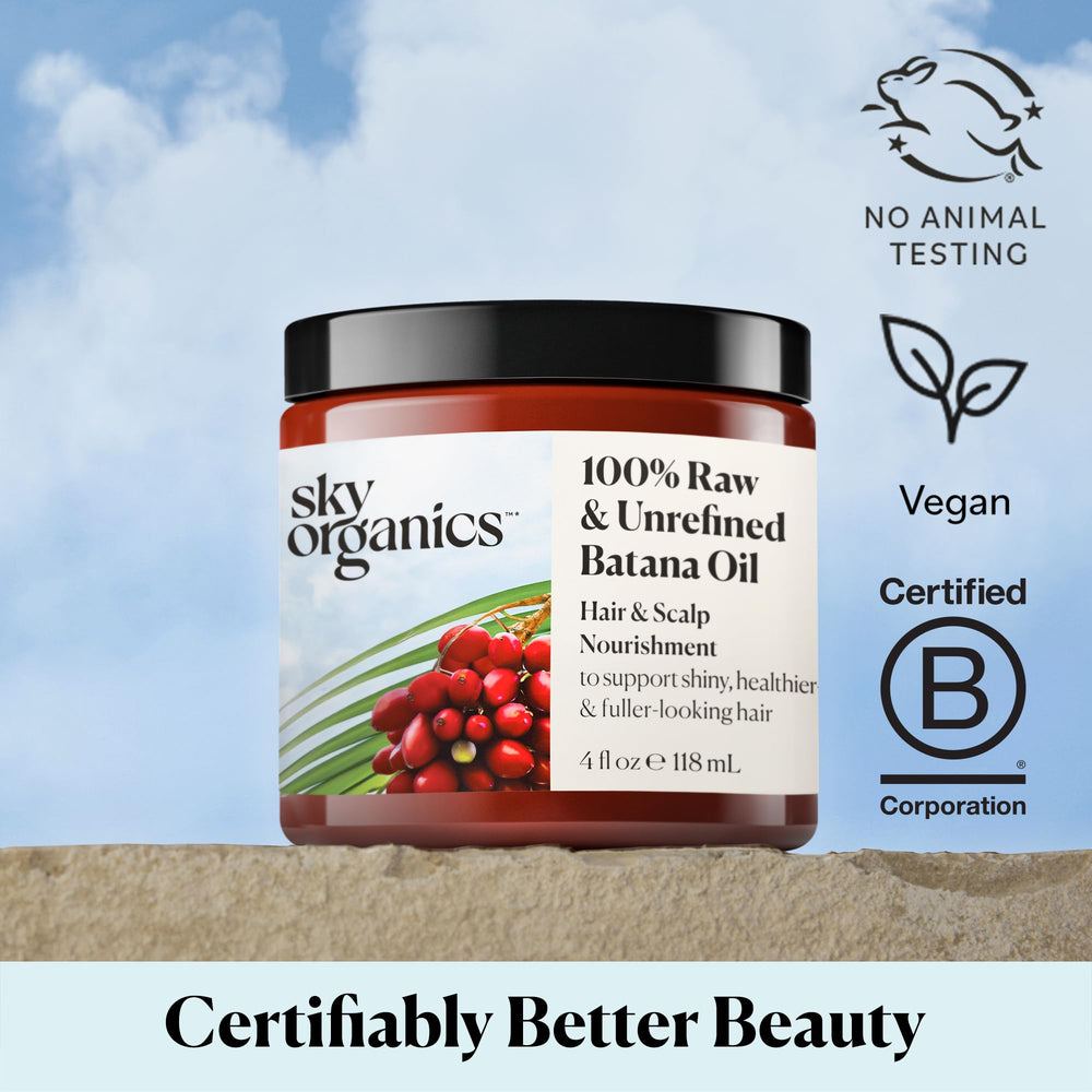 Sky Organics Batana Oil packaging box highlights vegan and cruelty-free credentials.