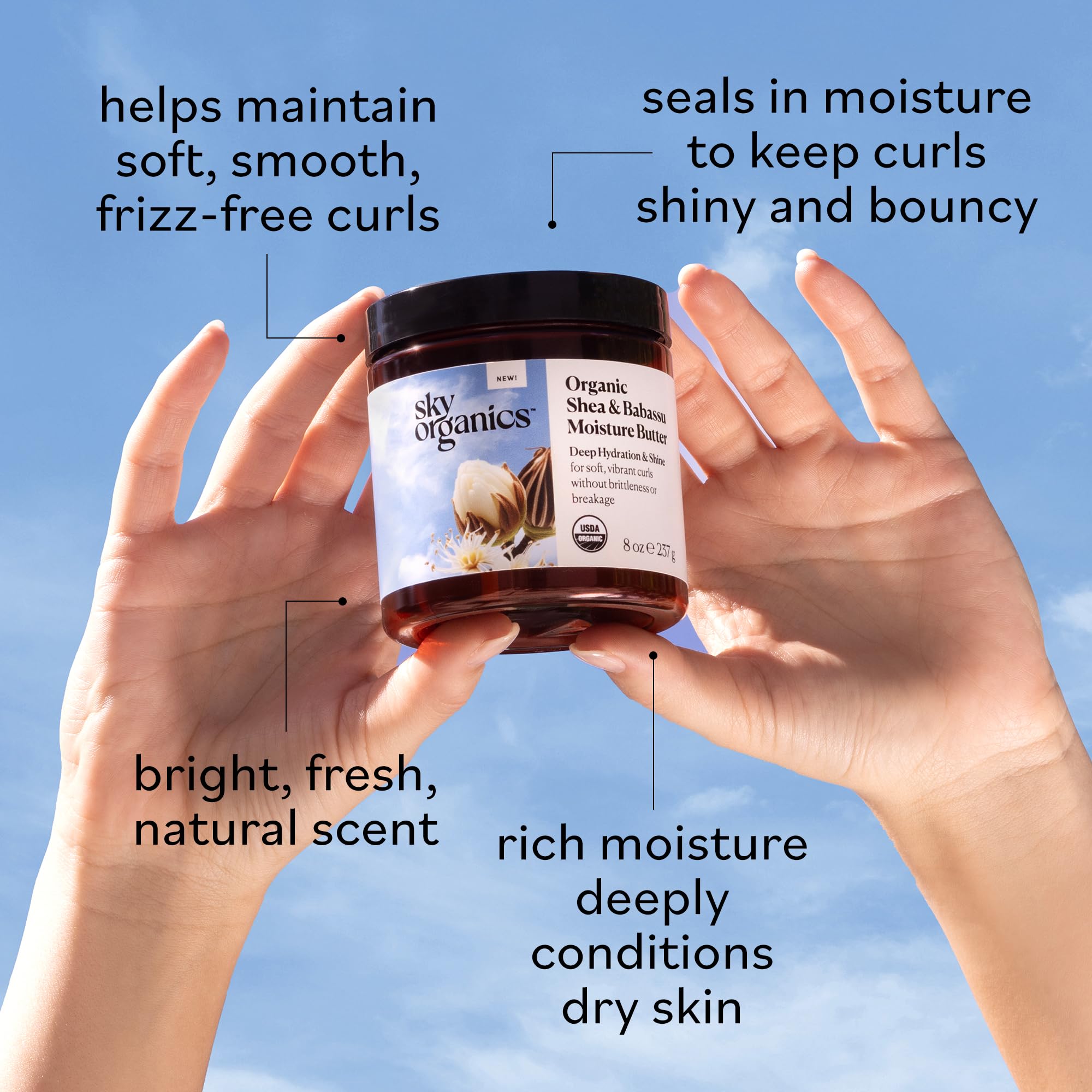 Sky Organics butter warmed in palms ready for easy application