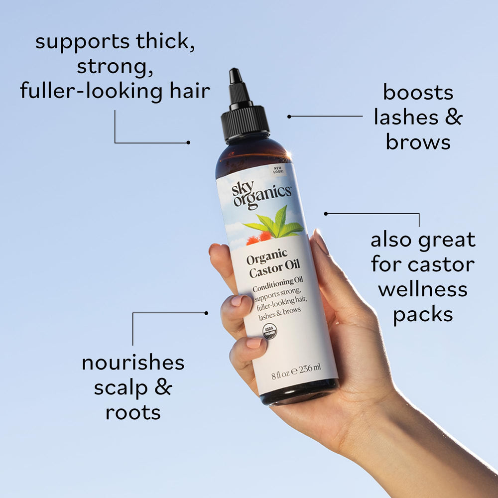 Sky Organics castor oil amber bottle highlighting pure organic formula for hair care