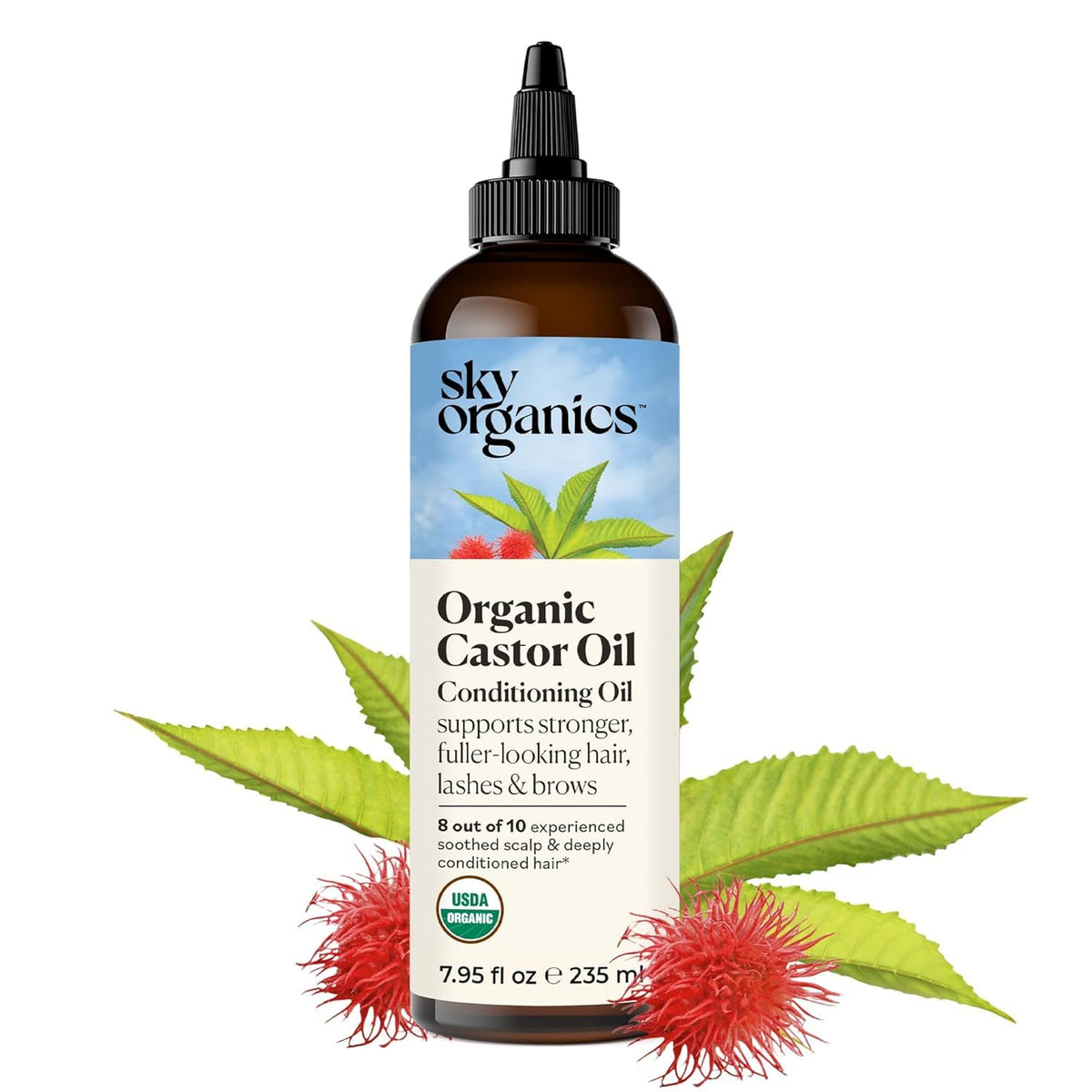 Sky Organics castor oil bottle closeup for scalp nourishment and conditioning