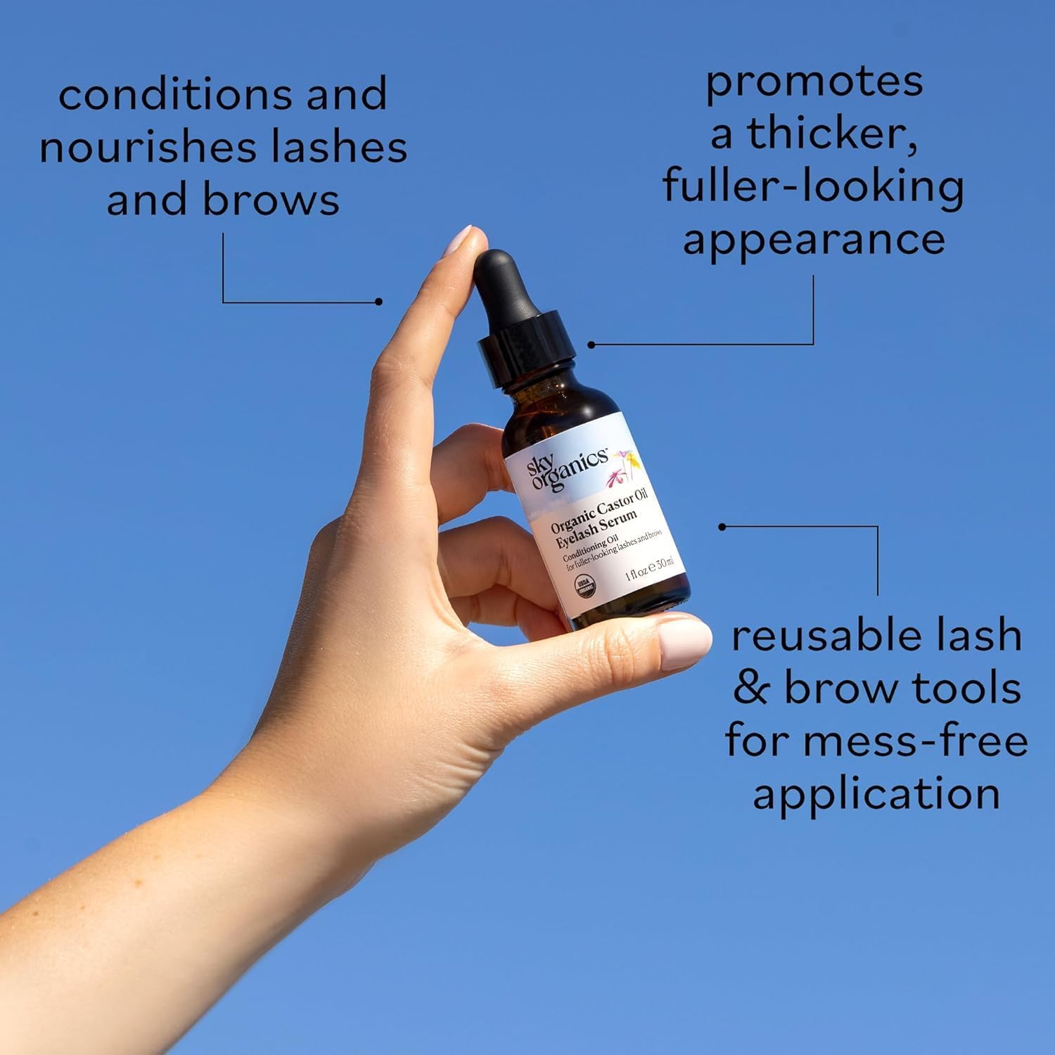 Sky Organics castor oil dropper enables mess-free application to lashes and brows.