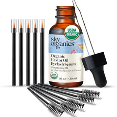 Sky Organics Castor Oil Eyelash & Brow Serum bottle for nightly lash nourishment.