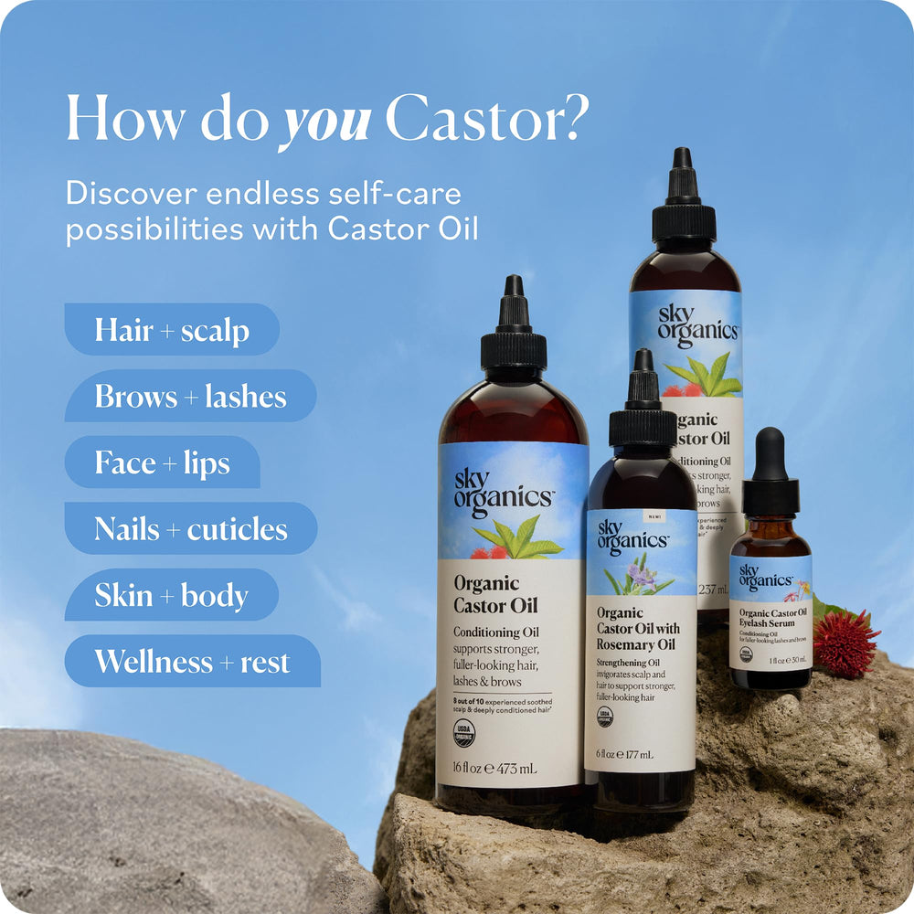 Sky Organics castor oil pack wrap label detail emphasizing eco-friendly packaging