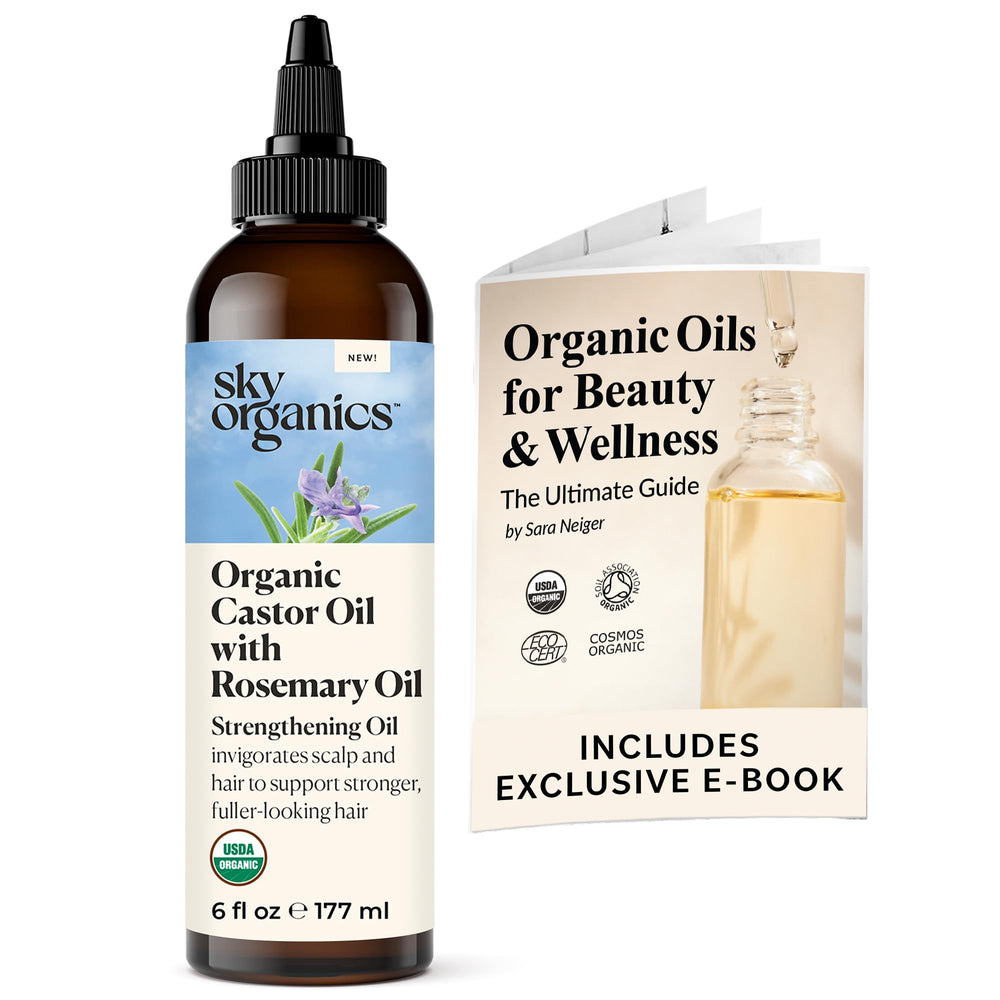 Sky Organics Castor Oil Rosemary bottle promotes scalp nourishment in a simple routine