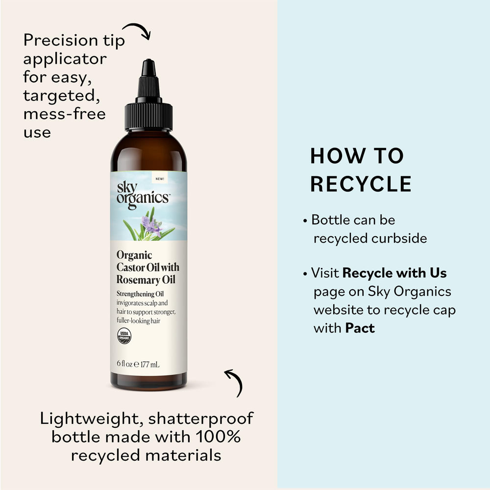 Packaging shows organic, hexane-free Sky Organics Castor Oil Rosemary formulation
