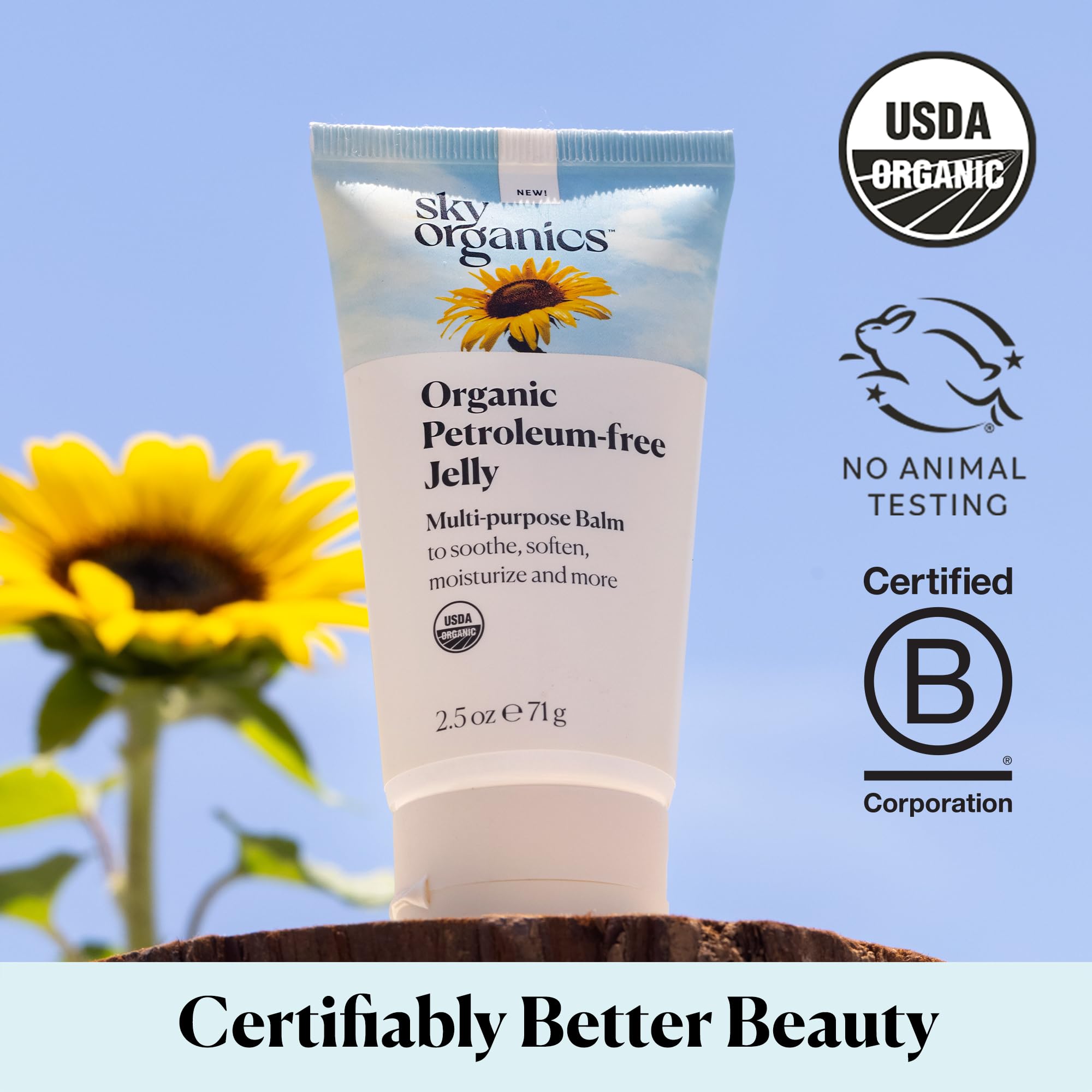 Sky Organics certifications badge emphasizes USDA Organic and cruelty-free promise.