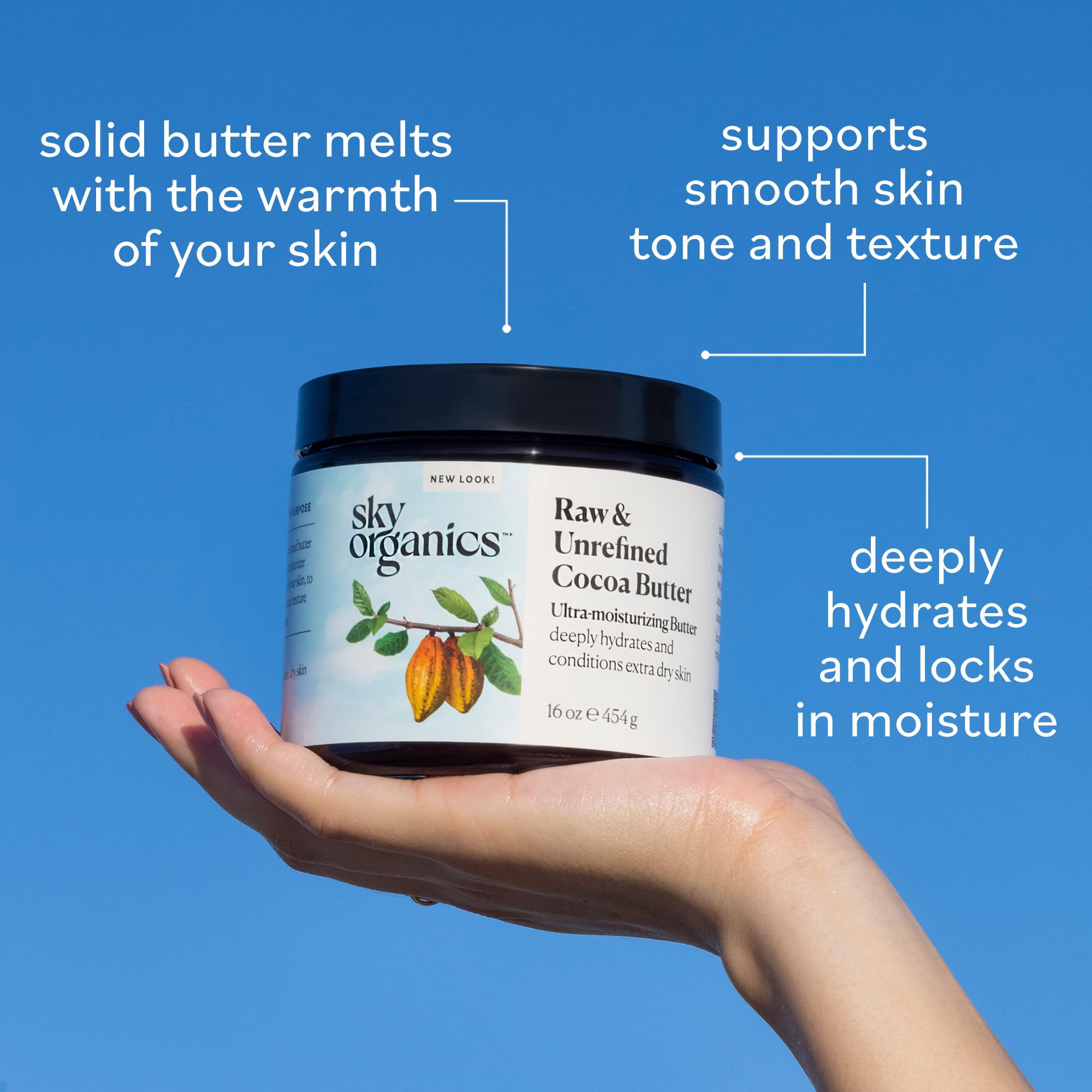 Sky Organics Cocoa Butter melt-on-skin close-up demonstrating easy warmth for hydrating skin
