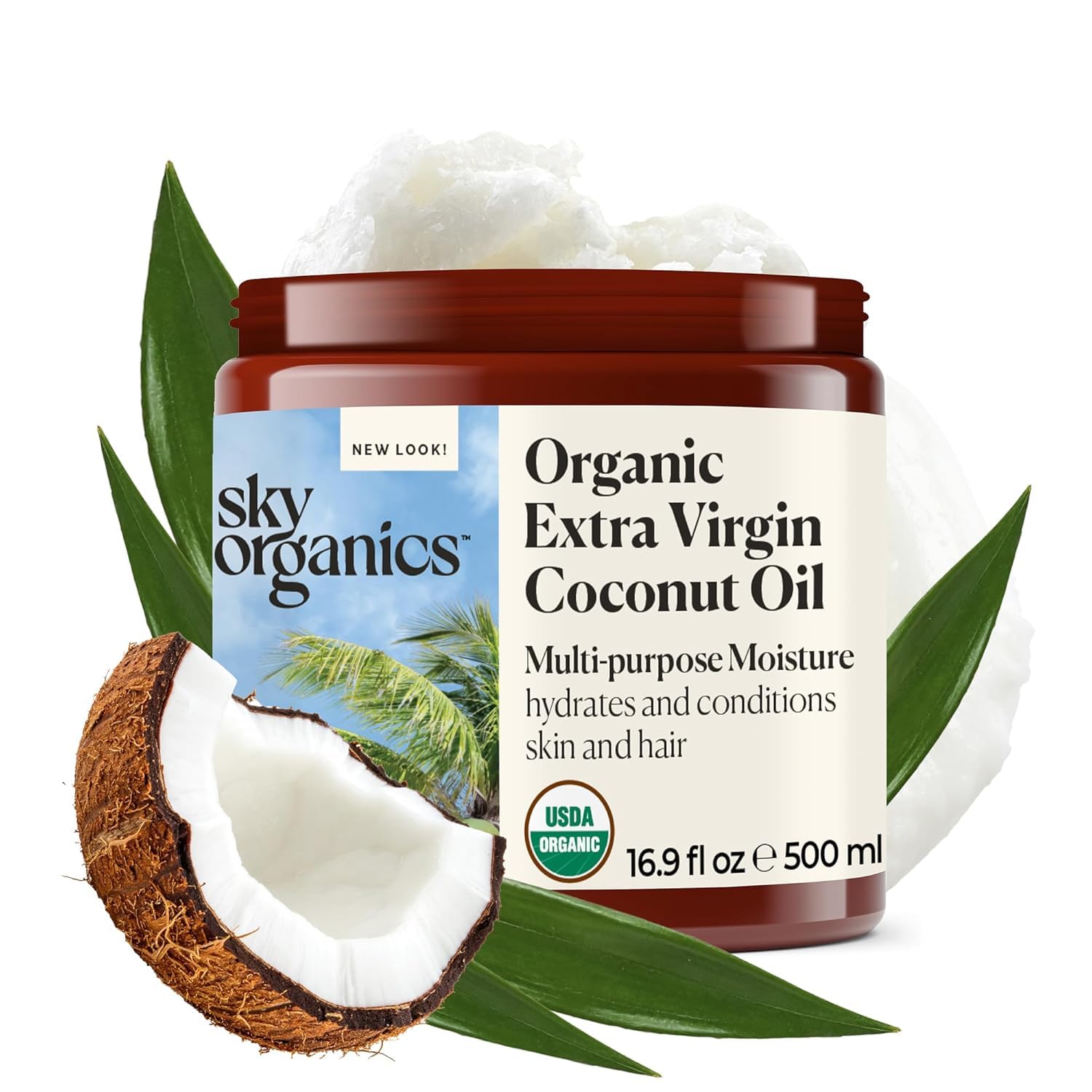 Sky Organics coconut oil bottle close-up for skin hydration